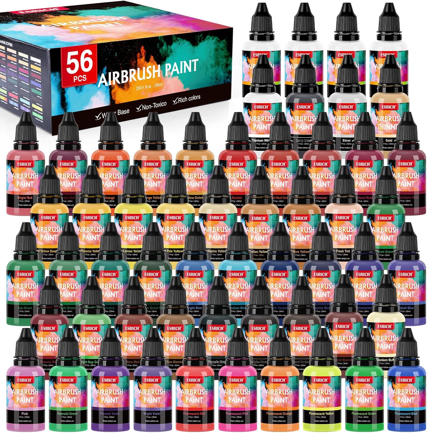 ESRICH Airbrush Paint 52 Colors with 4 Thinner, Ready to
