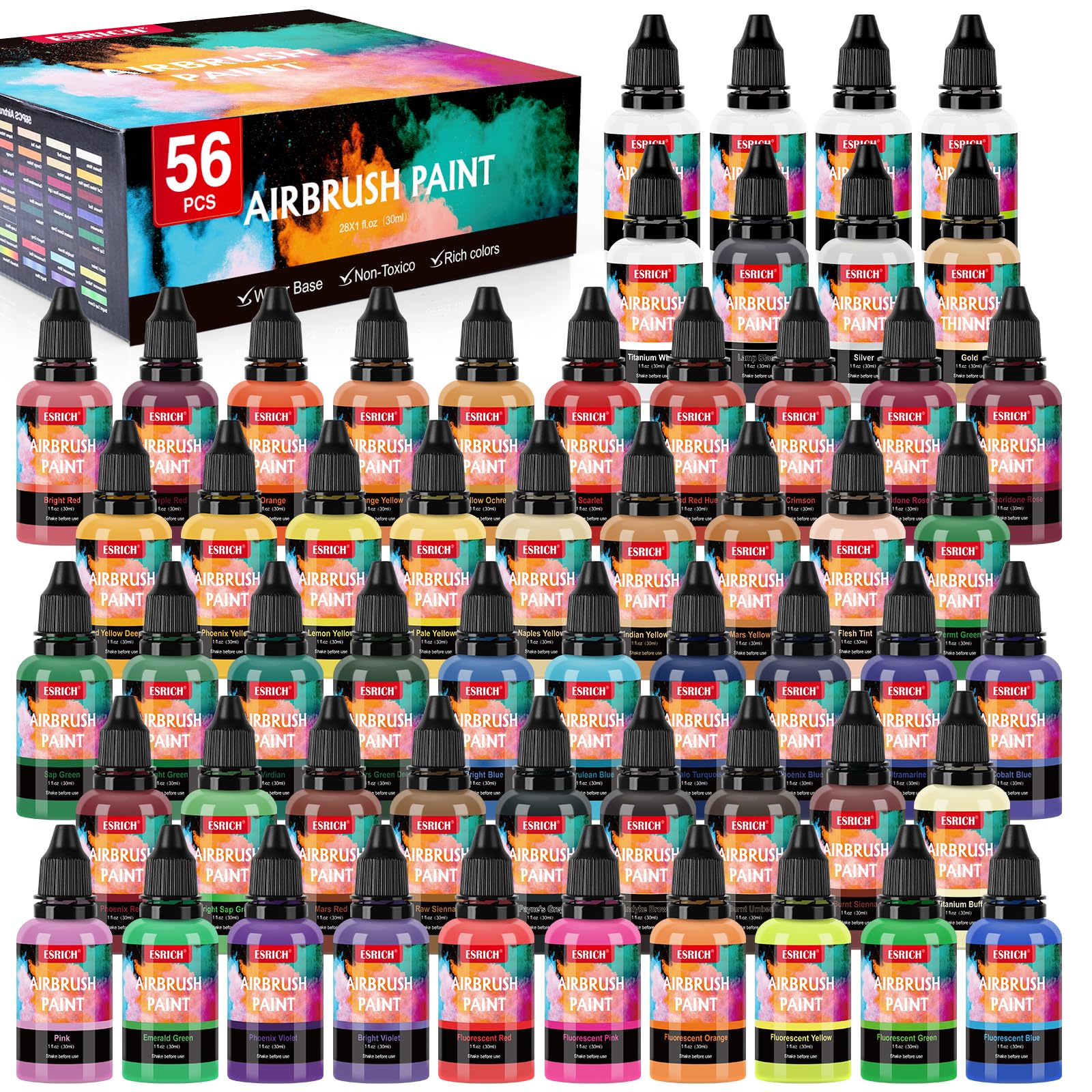ESRICH Airbrush Paint 52 Colors (1 oz) with 4 Thinner,Air Brush Painting Set Acrylic Ready to Spray, Air Brushes Paint,Water-Based Airbrush Paint Set