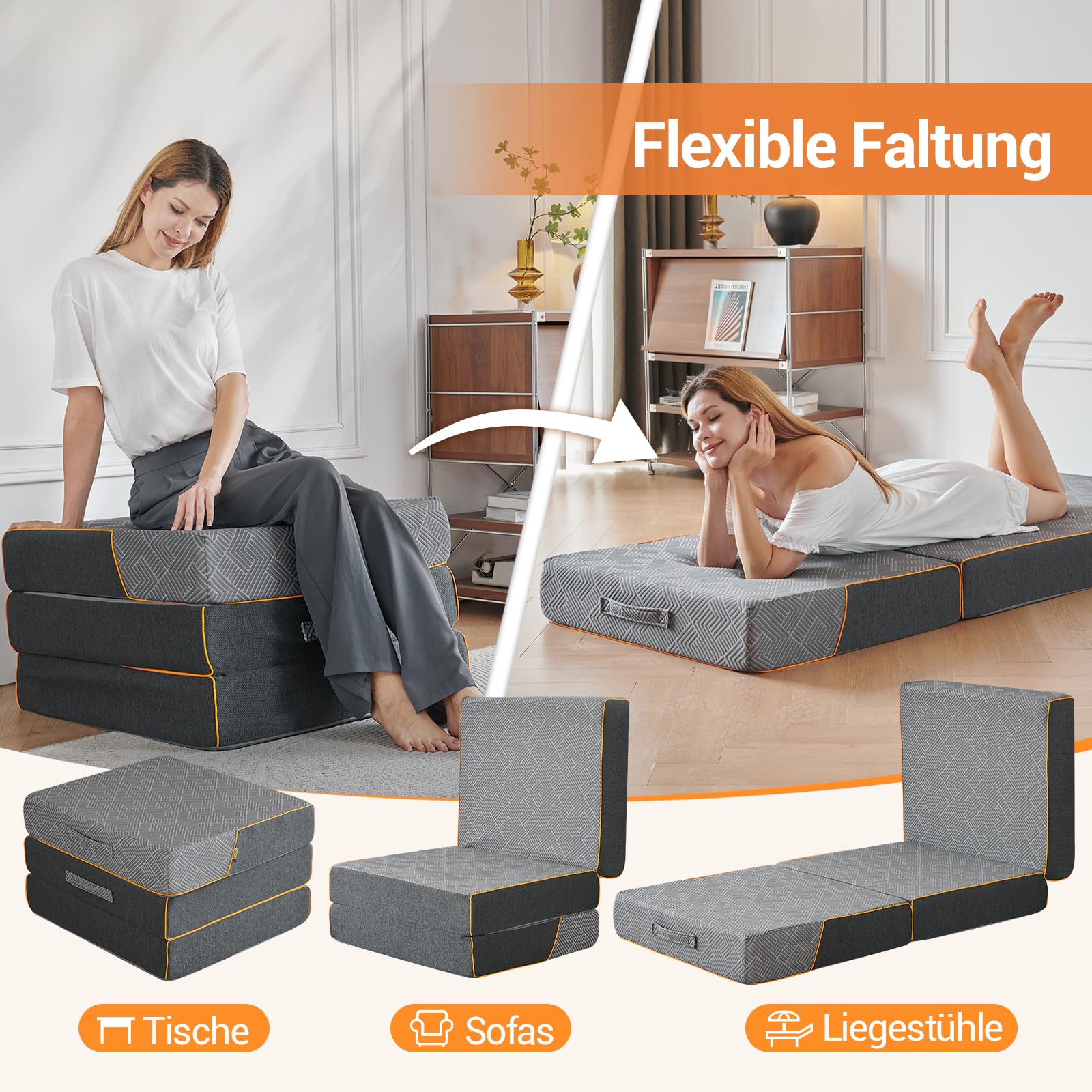 Materasso pieghevole 3 pezzi, materasso pieghevole in memory foam, materasso pieghevole per adulti, Oeko Tex Standard – Rivestimento lavabile