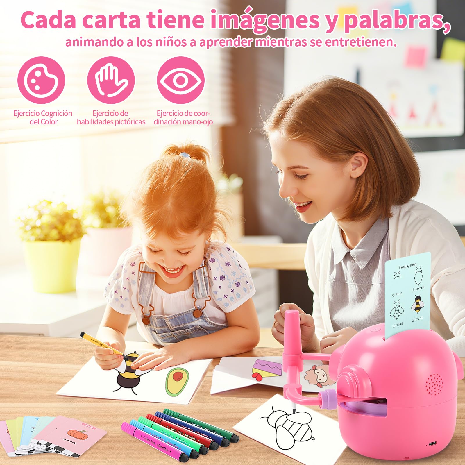 Charmofun Robot de Dibujo para Niños, Drawing Robot con 100 Tarjetas, Robots Inteligente Juguete Recargable, Juguete Educativo Interactivo con Voz para Niños y Niñas a Partir de 3 Años (Rosa-2)