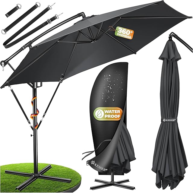 KESSER KESSER® Alu Ampelschirm Sonnenschirm + Abdeckung Ø300 cm & Kurbelvorrichtung Kurbelschirm mit Ständer UV-Schutz Aluminium Wasserab — Sonnenschirme