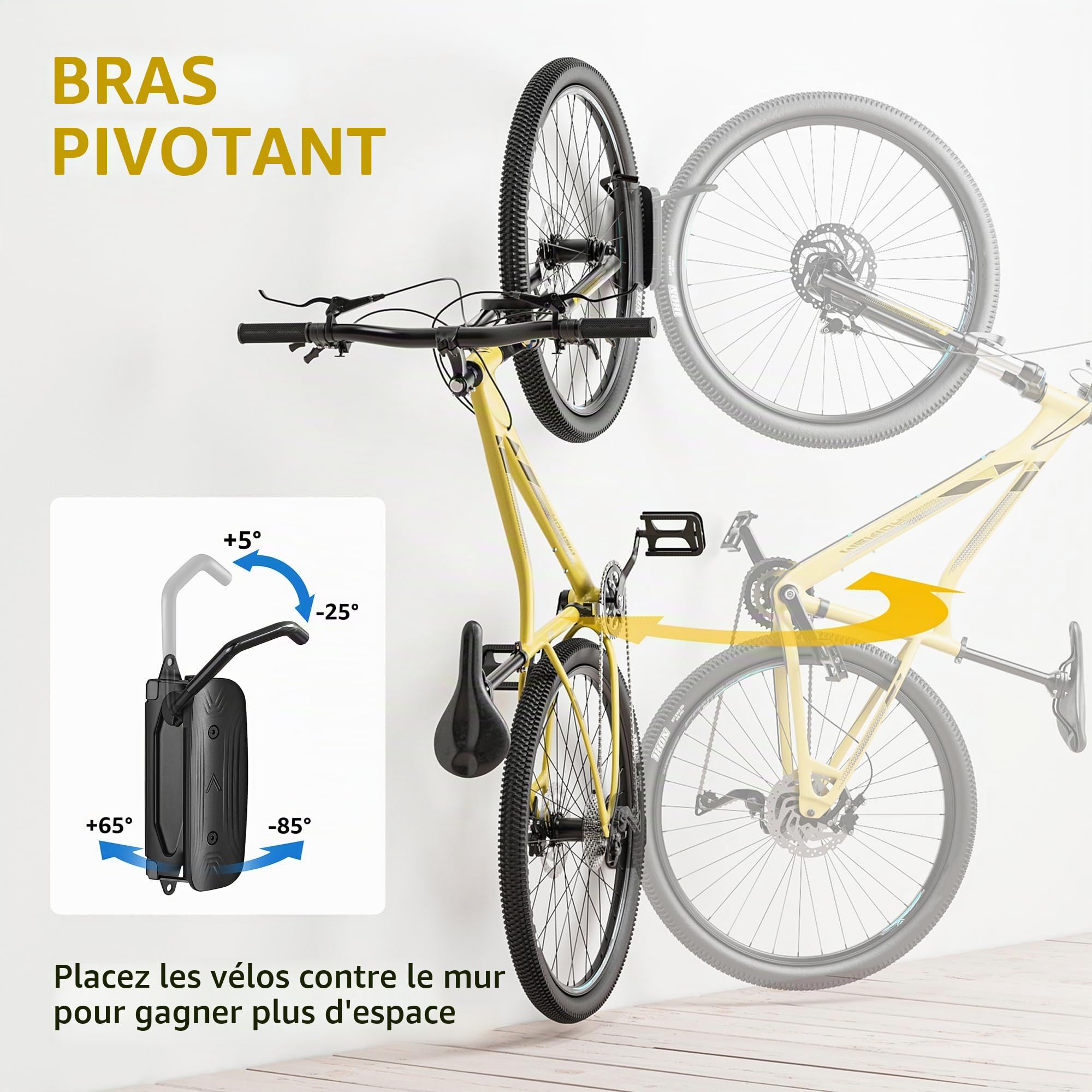 monTEK Lot de 2 supports muraux pivotants pour vélo, cintres pour garage, support mural pour vélo, économiseur d'espace, support vertical pour vélo pouvant supporter jusqu'à 30 kg