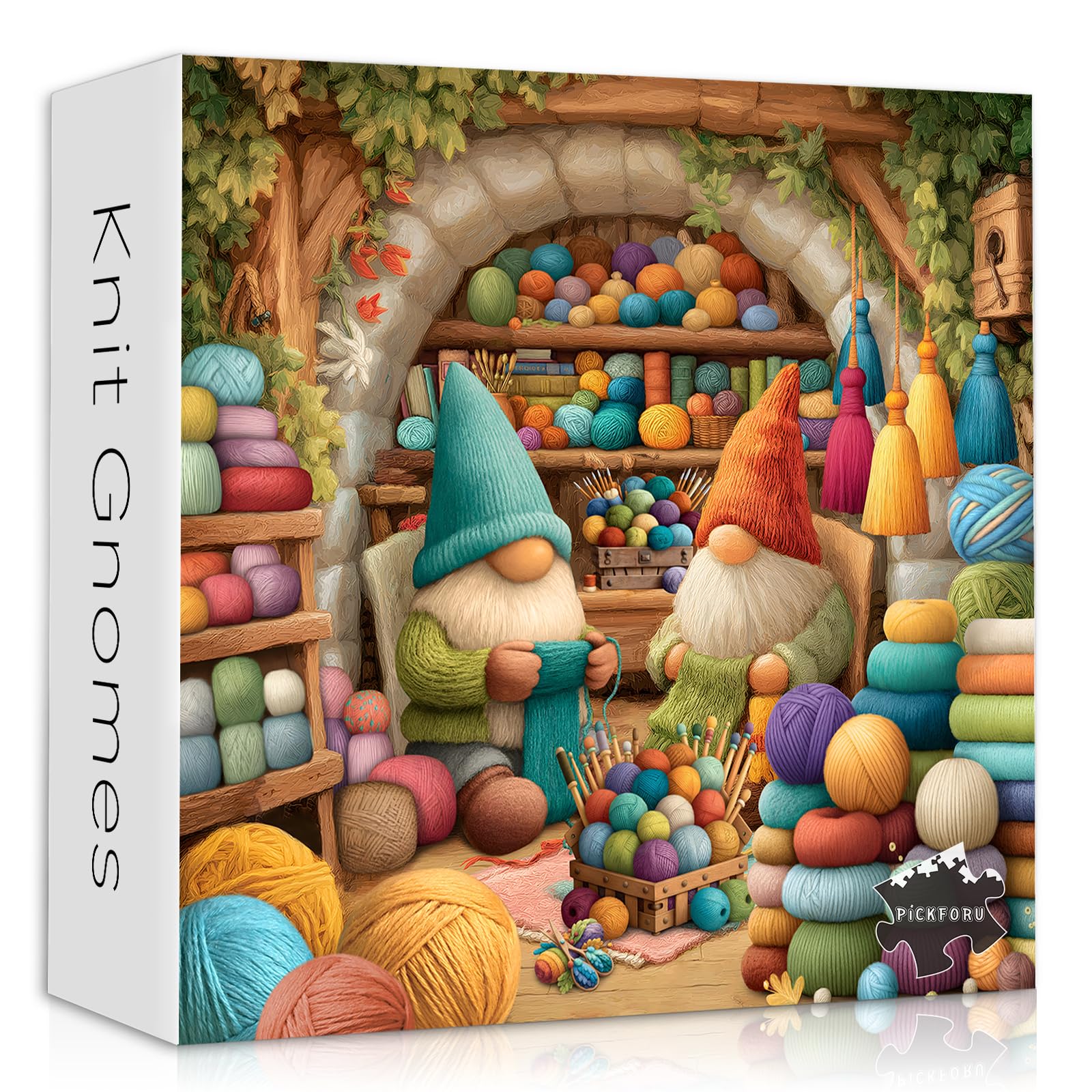 Funny Knitting Gnomes Puzzle for Adults 1000 Pieces，Vintage Cozy Yarn Workshop Colorful Art Puzzle，Cute Sewing Room Gnomes Jigsaw Puzzle Challenge