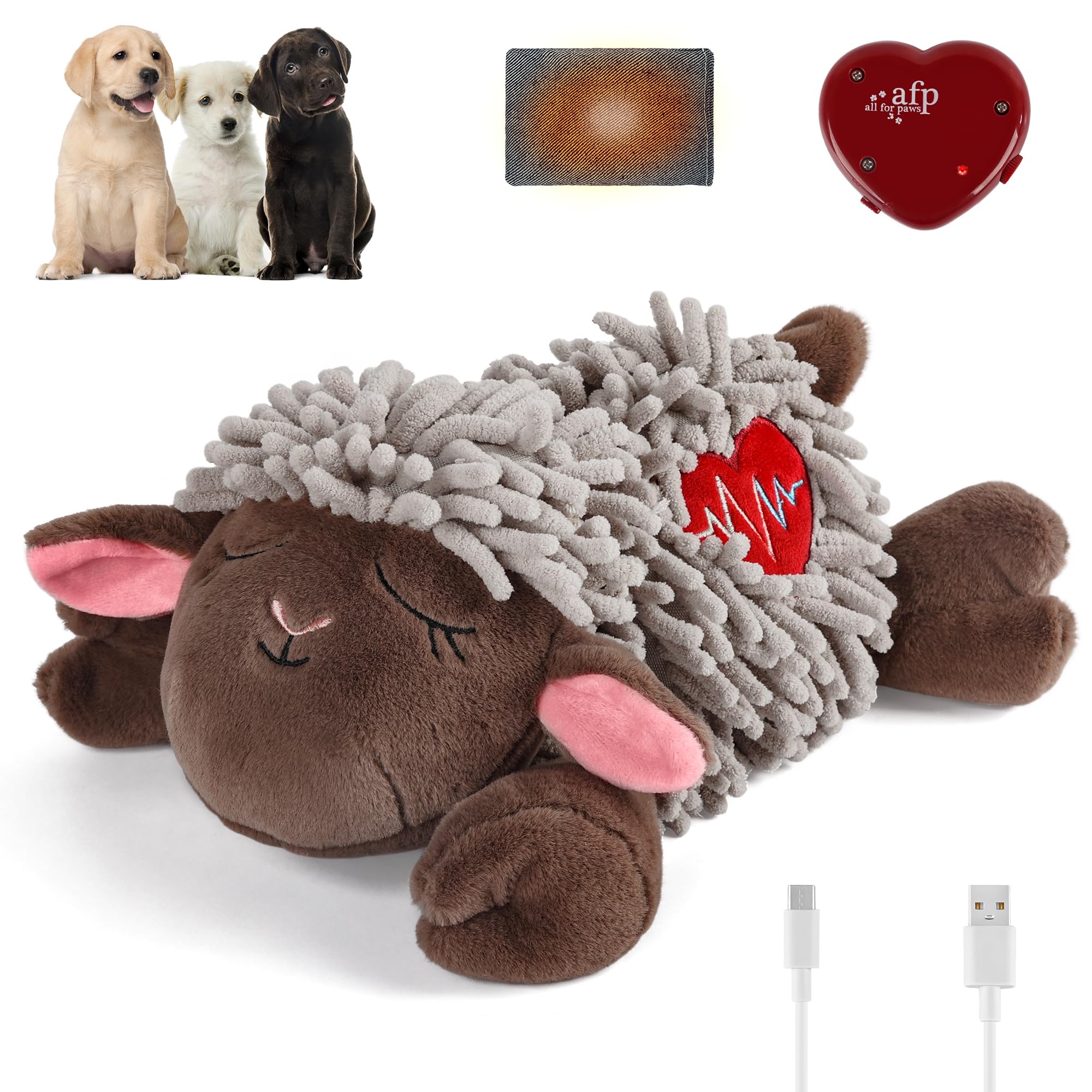 ALL FOR PAWS Heartbeat Dog Toy with Heating Pad, Mop Plush Sheep Toy