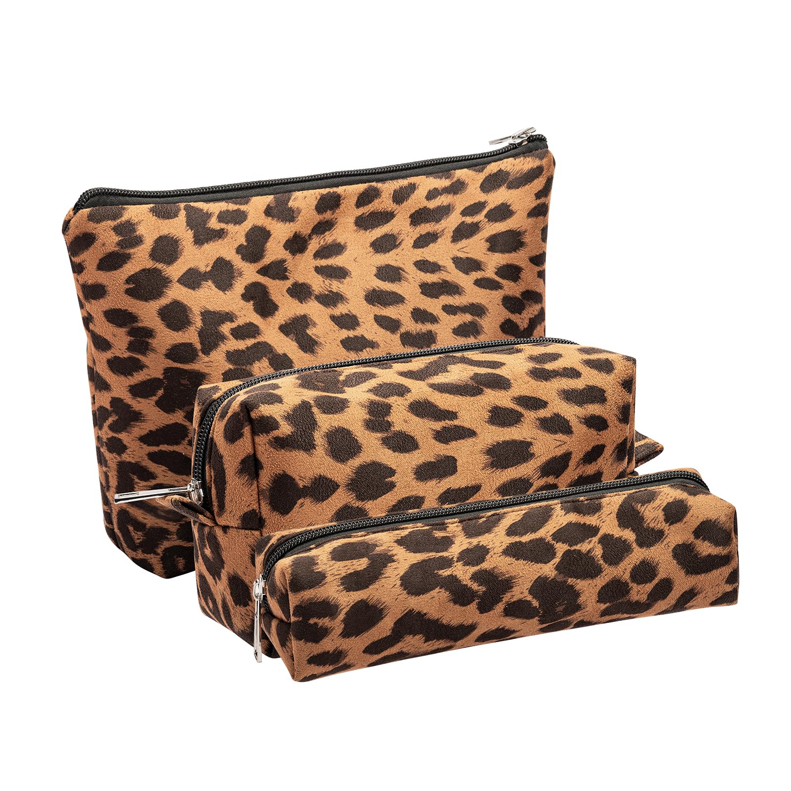 AGBIADD Leopard Print Makeup Bags, 3 Pieces, Large Capacity, Soft, Warm, Travel Toiletry Organizer (Brown)