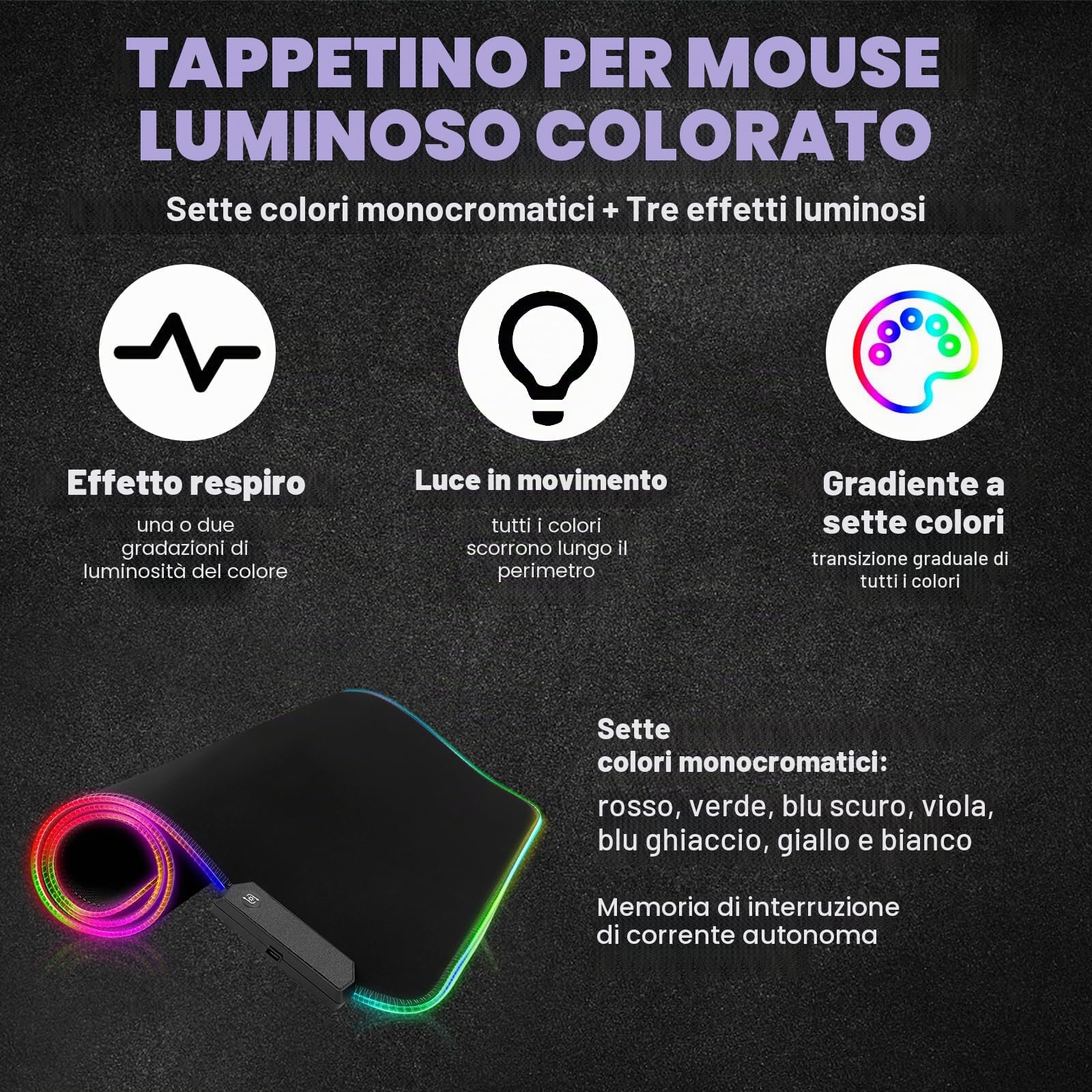Tappetino per mouse da gaming, RGB, 800 x 300 mm, XXL per gaming, 14 modalità di illuminazione, 7 LED, impermeabile, antiscivolo, per tastiera, computer, PC, giocatore, scrivania, nero