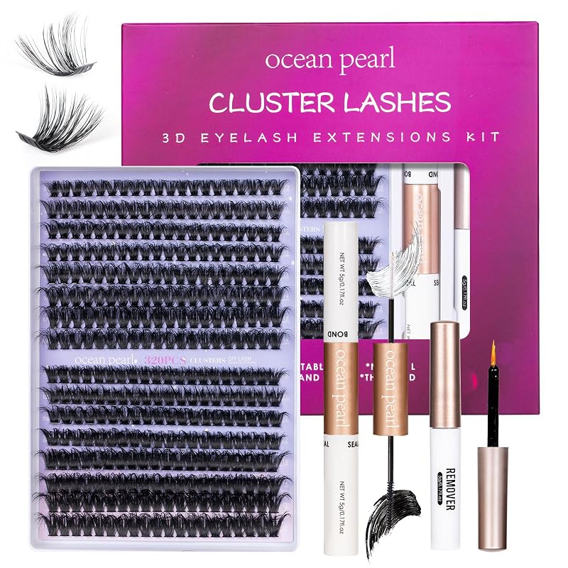 Ocean Pearl Kit com 320 cílios postiços em tufos 60D e 80D, 10–16 mm, cola, selante, removedor e pinça