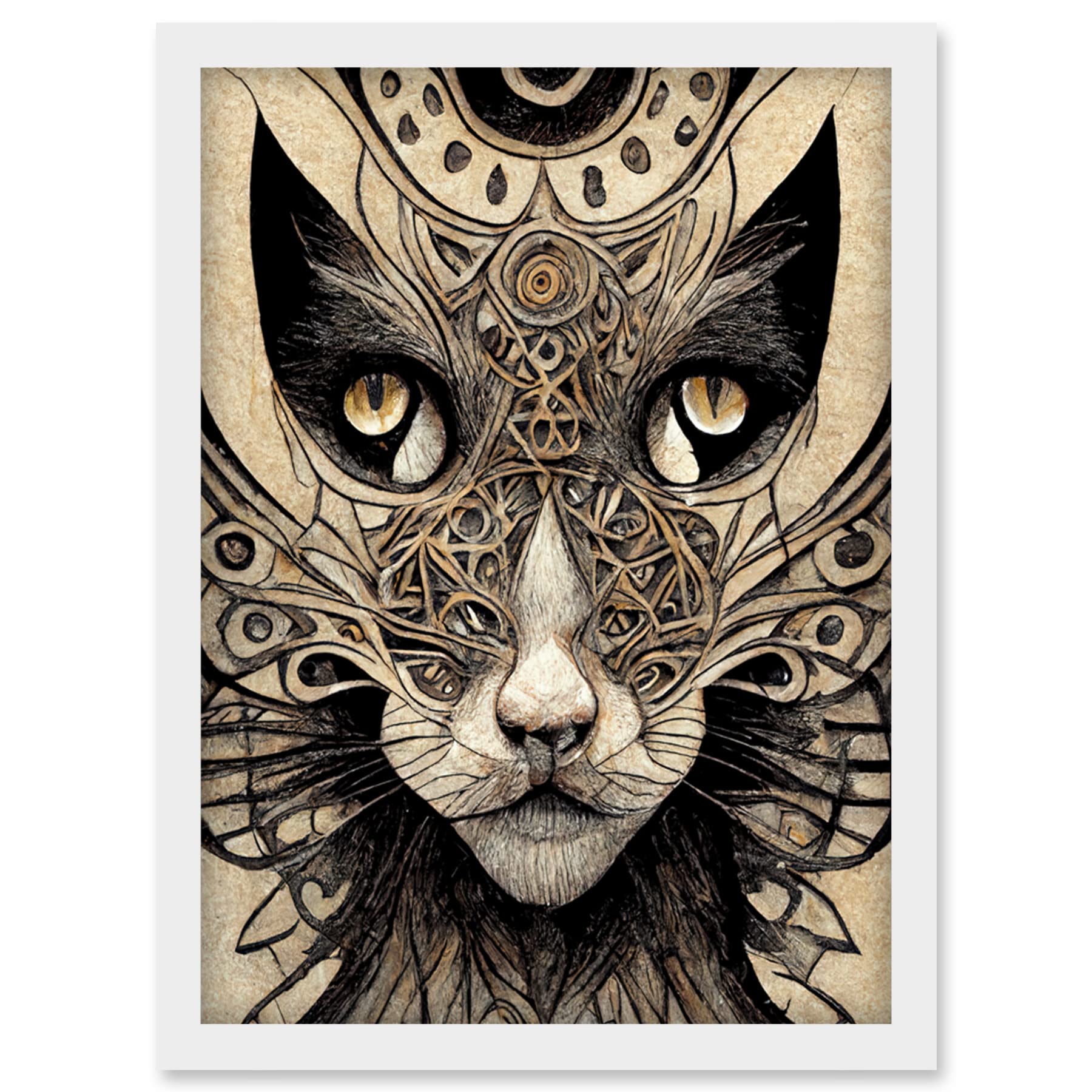 Abstract Cat Face Close Up With Tribal Patterns Textured Mask Artwork Framed Wall Art Print A4