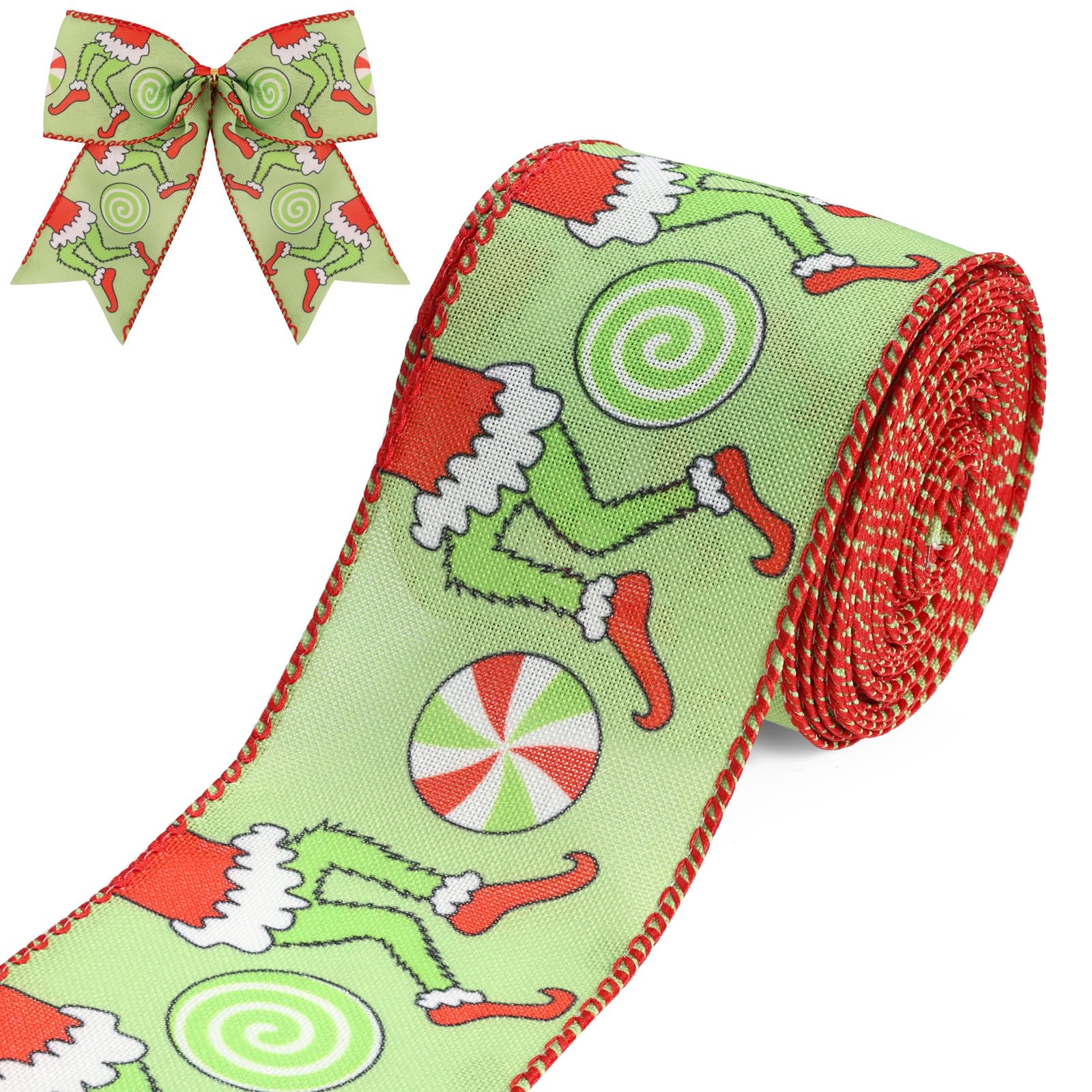 Cinta navideña para árbol, roja, verde, divertida, con personajes de dibujos animados navideños, cinta de tela con alambre de menta, para envolver regalos, manualidades, coronas, lazos, decoración para árbol de Navidad, decoración para fiestas, 10 yardas x 2,5 pulgadas