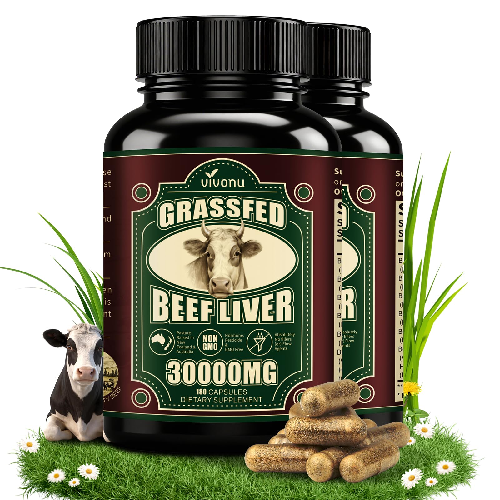 VivoNu Beef Organ Supplement for Women, per Serving Beef Organs with Bovine Liver, Ovary, Uterus, Kidney, Heart, Bone &amp; More, 100% Grass Fed, Balance Hormones*, Energy* (360 Capsules)