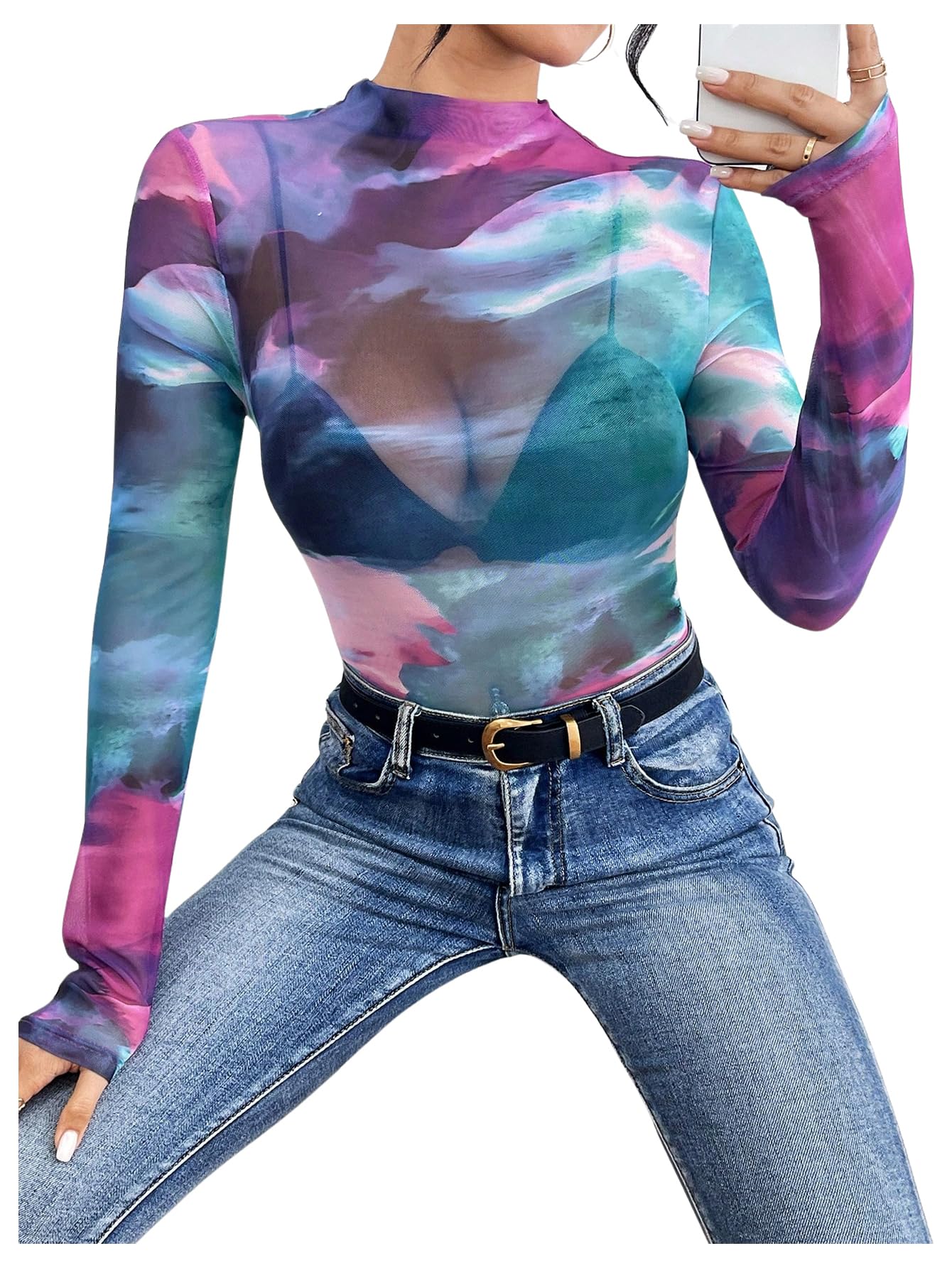 GORGLITTER Damen Mesh Oberteil Bunt Durchsichtig Batik Netzshirt Langarm Party Tops Herbst Outfits Langarmtop