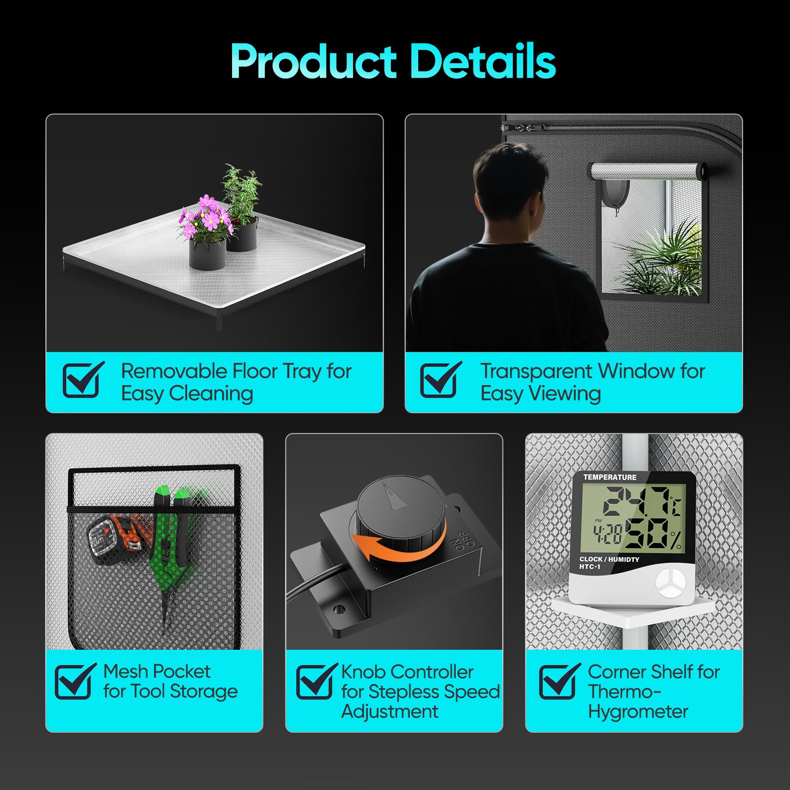 Growzelt Komplettset, 240W 100X100X200cm Vollspektrum LED Wachstumslampe mit integriertem Controller und 17cm Automatischer Belüftungssat mit Kohlefilter, Hydroponics Grow Zelt mit Thermometer