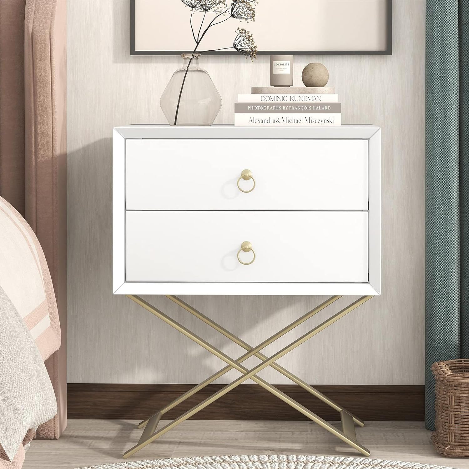 White Nightstand with Drawers, 2Drawer Bed Side Table