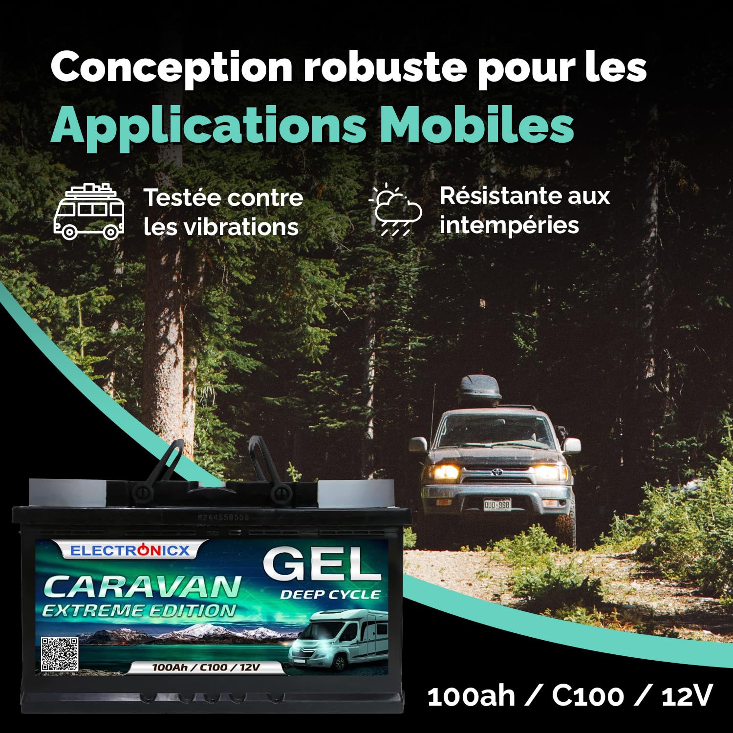 Electronicx Caravan Extreme Edition 100Ah / C100 / 12V Batterie Gel – 100 Ah – Batterie 12V Camping-Car, Van, Bateau, Marine, Solaire – sans Entretien & Robuste – 278×175×190 mm