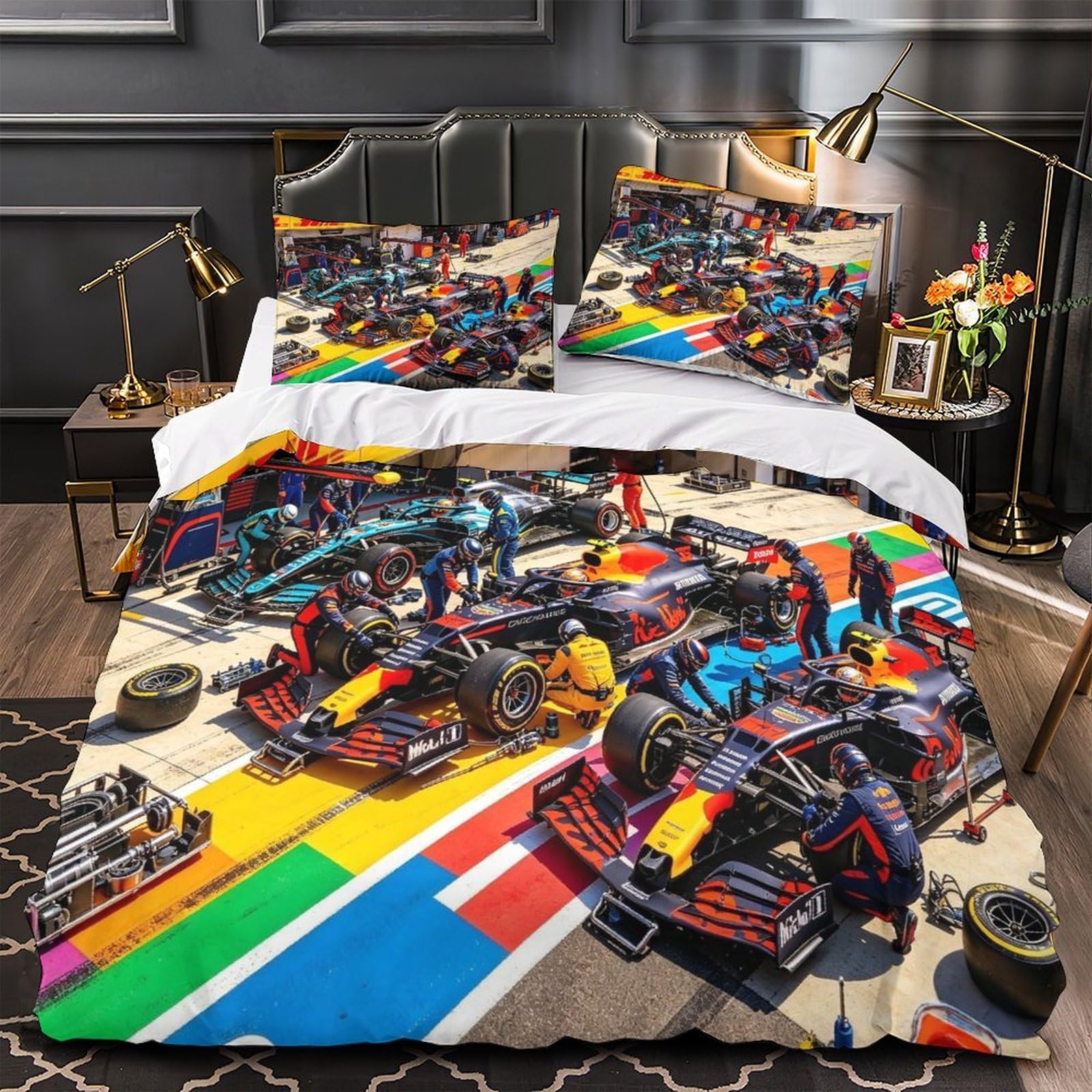 3U6C4M9K 3D Pit Stop Print Duvet Cover Set Super King（260x220cm）, Breathable Formulaa Racing Bedding Set, Fashionable Quilt Cover Set Decoration