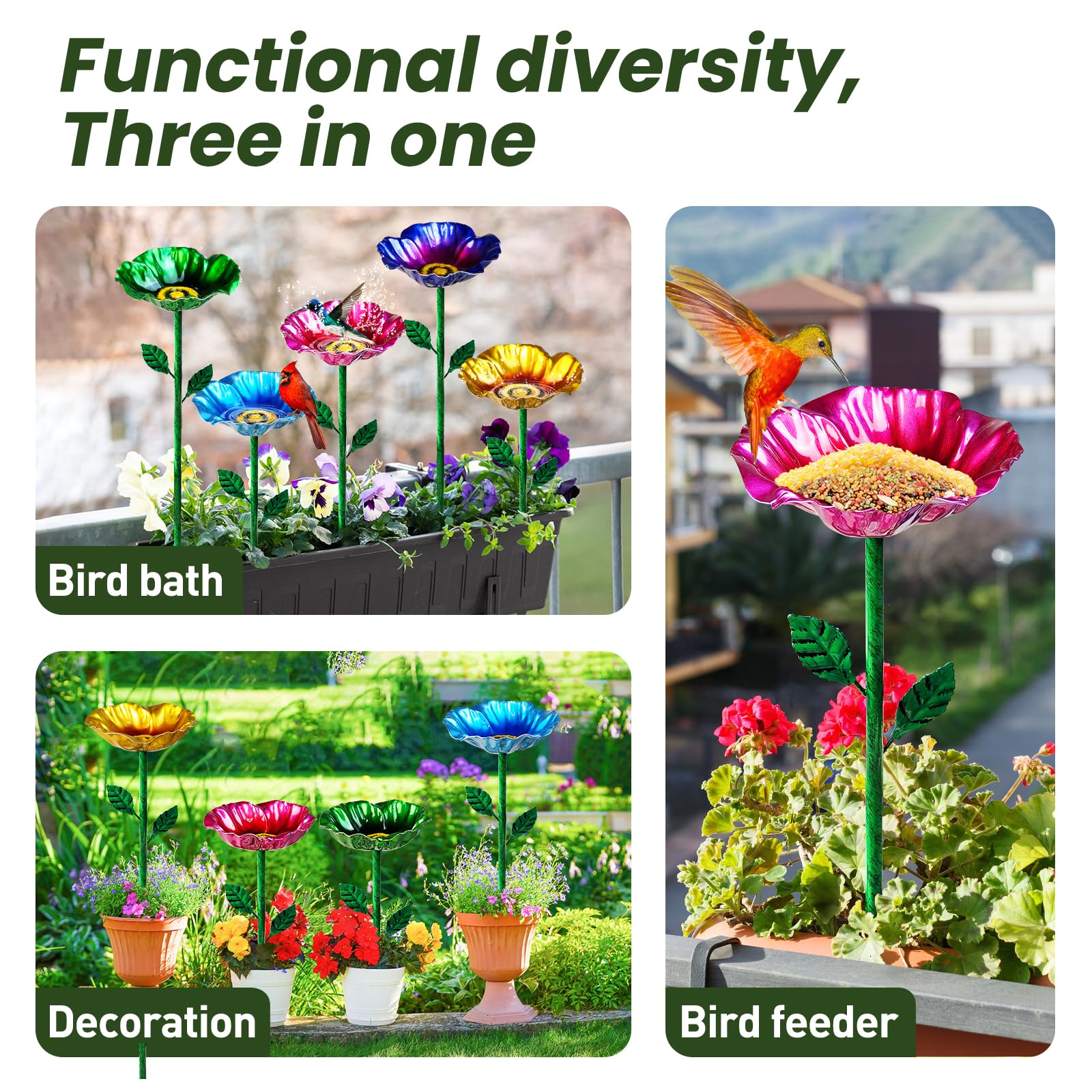 Baños de metal para pájaros para exteriores, baño de pájaros de jardín y comederos para pájaros con estaca de metal, comedero de colibrí para decoración de césped al aire libre (5 piezas)