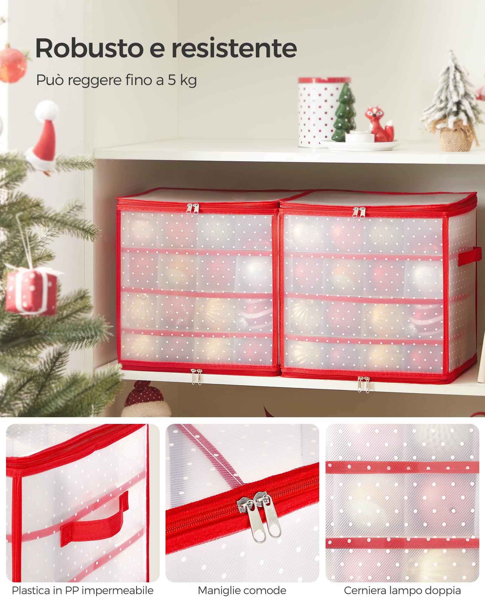 SONGMICS Contenitore per Palline di Natale, Scatola per Decorazioni Natalizie, 64 Posti da 7,6 cm, Vassoi Rimovibili, 33,5 x 33,5 x 34 cm, Rosso Ciliegia RFB029T03