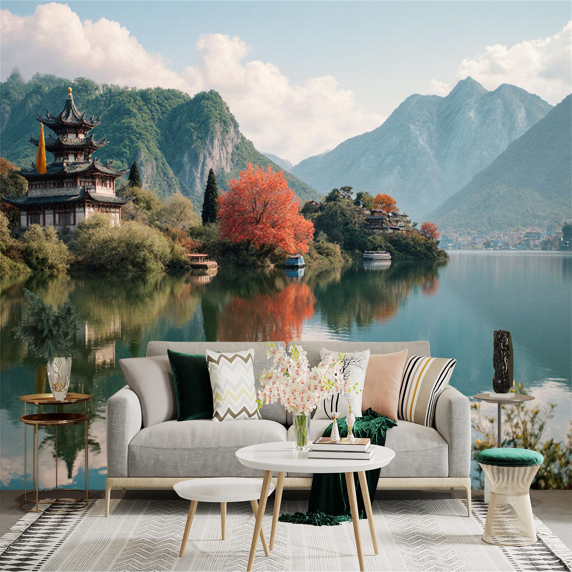 Lnzczhyre Xc260505097 Custom Size Wall Sticker Mural， Traditional Chinese Pavilion， Serene Mountain Lake， Vibrant Autumn Foliage， Tranquil Landscape View， For Wall Decoration， Peelandstick Wall Decals.
