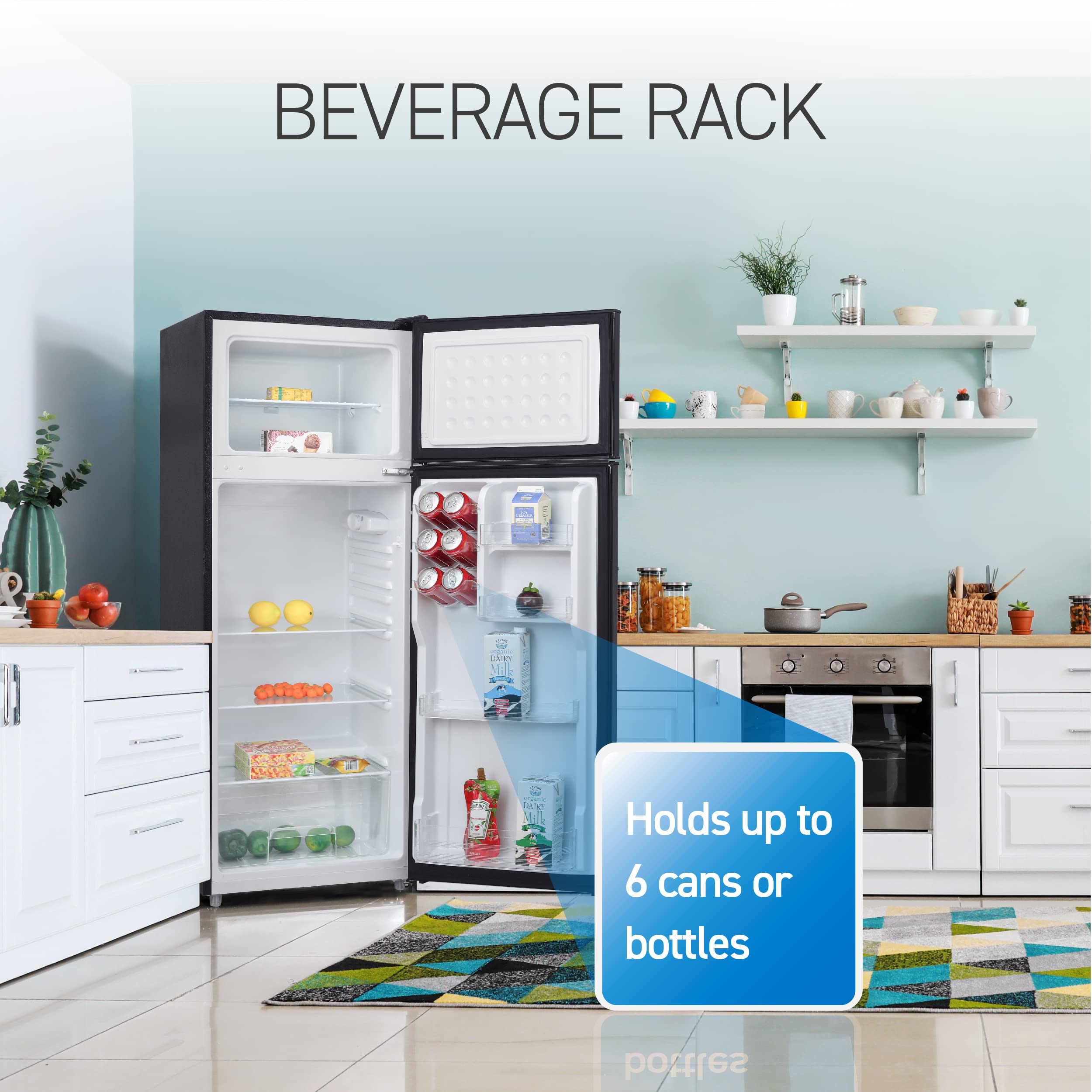 Commercial Cool 7.7 Cu. Ft. Refrigerator With Freezer, Top Mount Fridge With Glass Shelves, Bottle Storage, Beverage Rack, And Refrigerator Crisper Drawer Cover In Black on Fridge.com - View 5