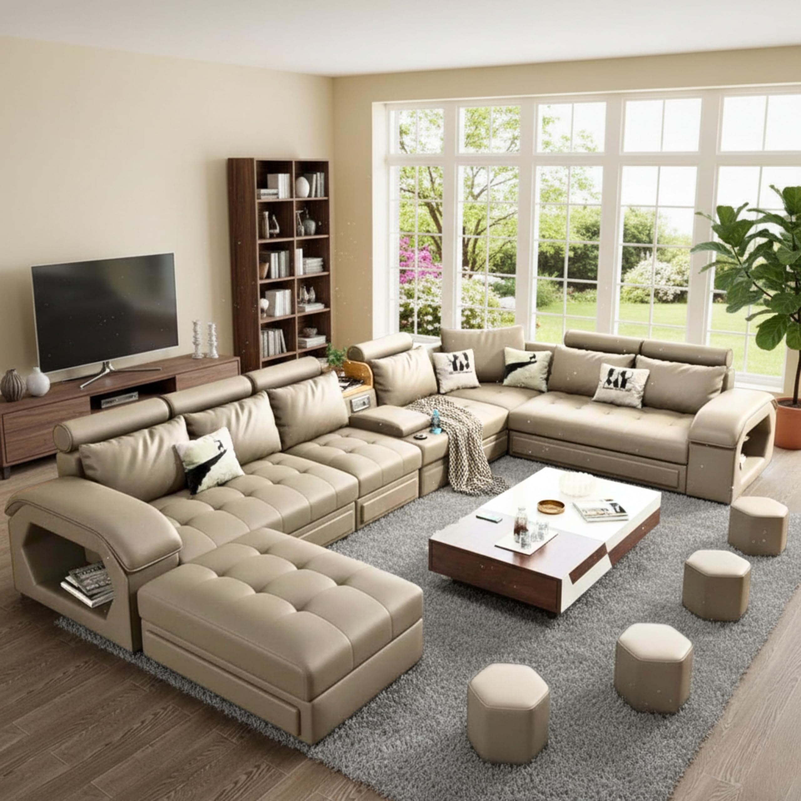 FURNART FURNITURE & INTERIOR Modern U-Shaped Sectional Sofa Set with Storage, 9 Seater, Sofa Couch with 4 Puffy for Hall Guest Room, Leatherette (Beige)-image-17