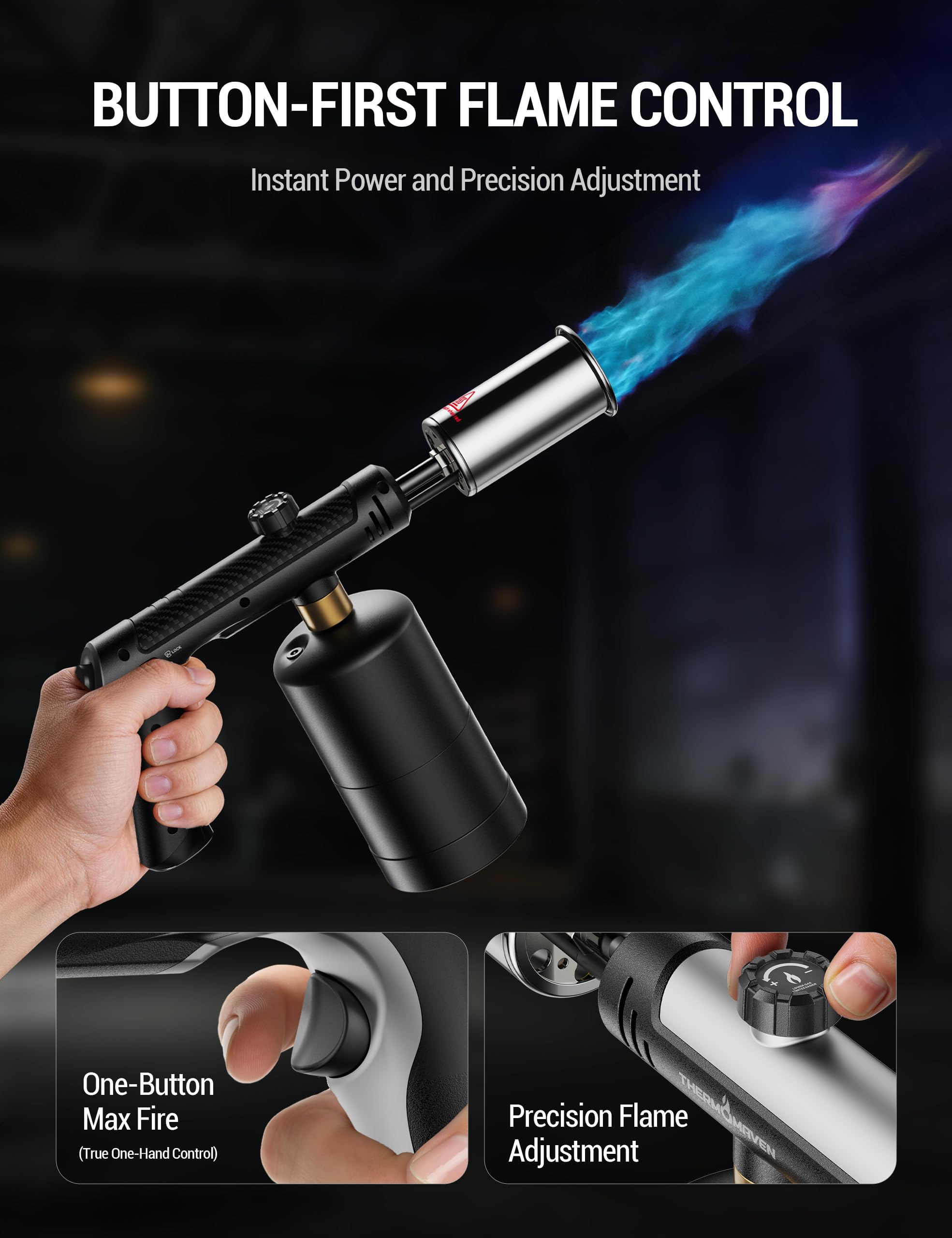 ThermoMaven Antorcha de propano con fuego máximo de un solo toque, pistola de soplete con bloqueo de seguridad, lanzallamas para encendedor de carbón, cabezal de antorcha de cocina para parrilla, Sous