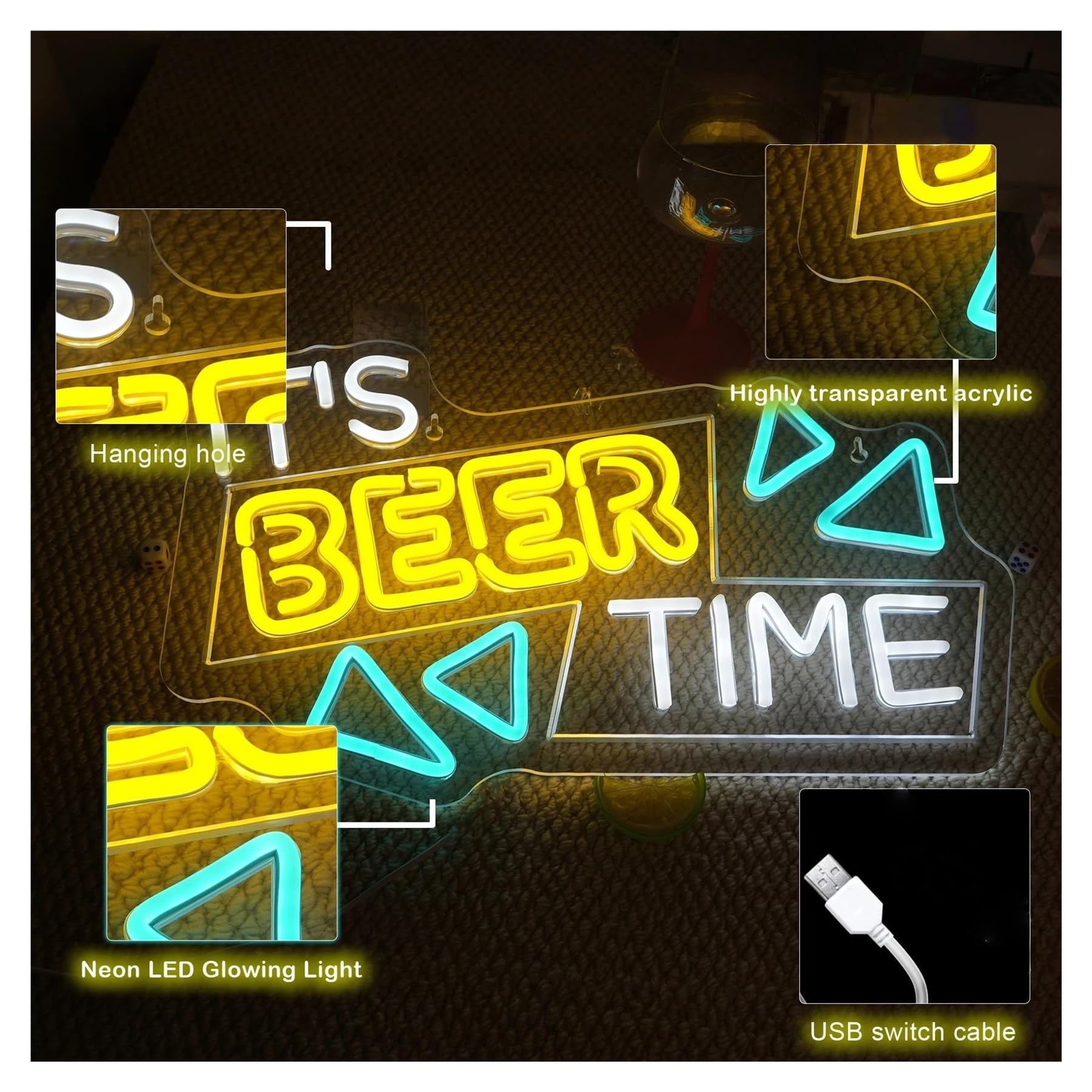 Decoración Lámparas Letrero De Neón It's Beer Time Con Luz LED Regulable Por USB Para Bar, Pub, Fiesta, Club, Decoración De Pared, 42cmx24.5cm