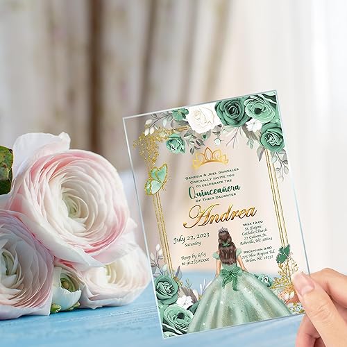Miniatura 7 de Avior Invitación de quinceañera Vestido verde salvia Invitación de cristal transparente, Mis Membres, Dulce 15, Dulce 16, Diseño floral de membrillo