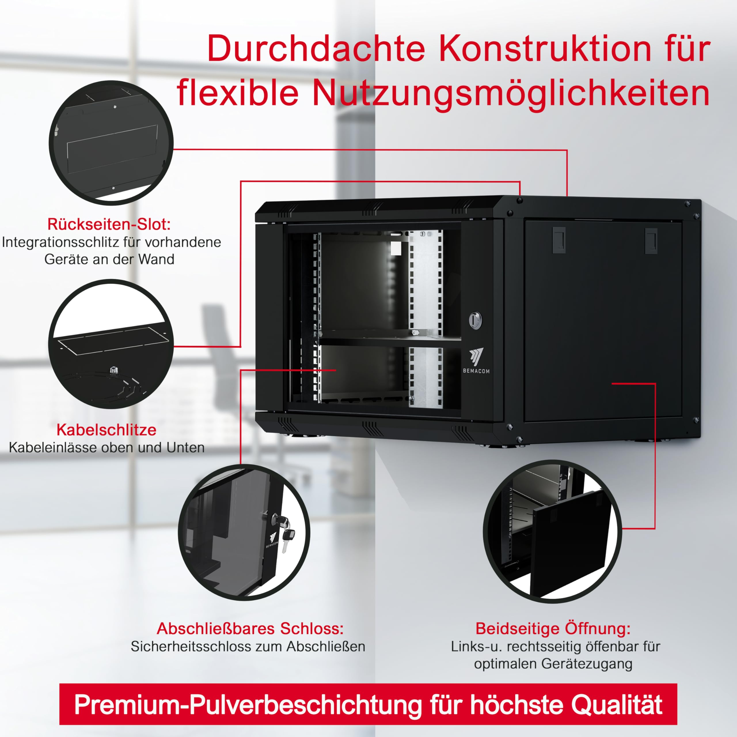 Netzwerkschrank 19 Zoll Serverschrank Pro Serie 7HE, Server Rack für Wandmontage EDV Schrank 19 Zoll Gehäuse mit Traglast 60kg, 600x450x385 mm Grau, mit Glastür + abschließbar RAL 7035