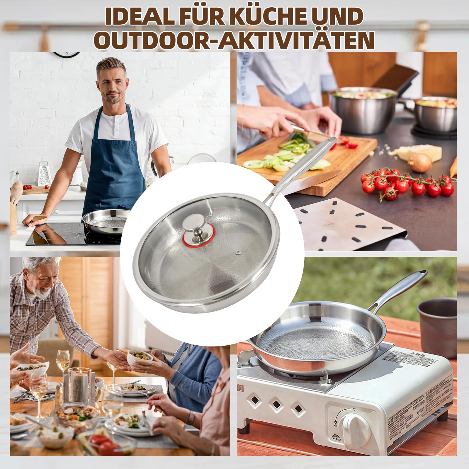 Unbeschichtete Titan-Bratpfanne, gehämmert – natürliche Antihaftwirkung, mit Glasdeckel und Pfannenwender, geeignet für Induktionsherde und offenes Feuer, ideal für Küche und Camping (30 cm)