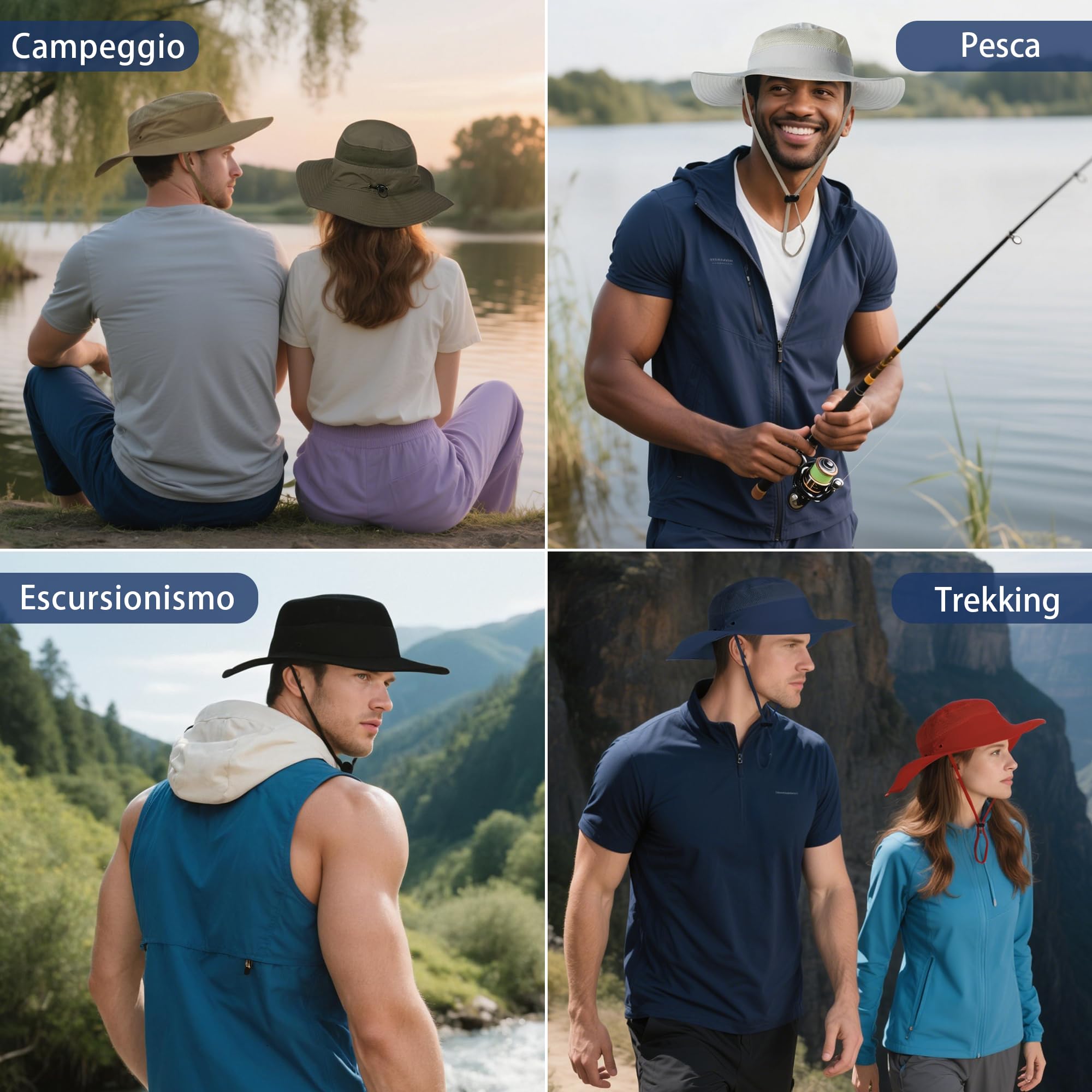 Uomo Donna Cappello da Pesca Antivento Protezione UV UPF 50+ Viaggio attività Escursionismo Vacanza Arrampicata Campeggio All'aperto Safari Hat 56-62cm