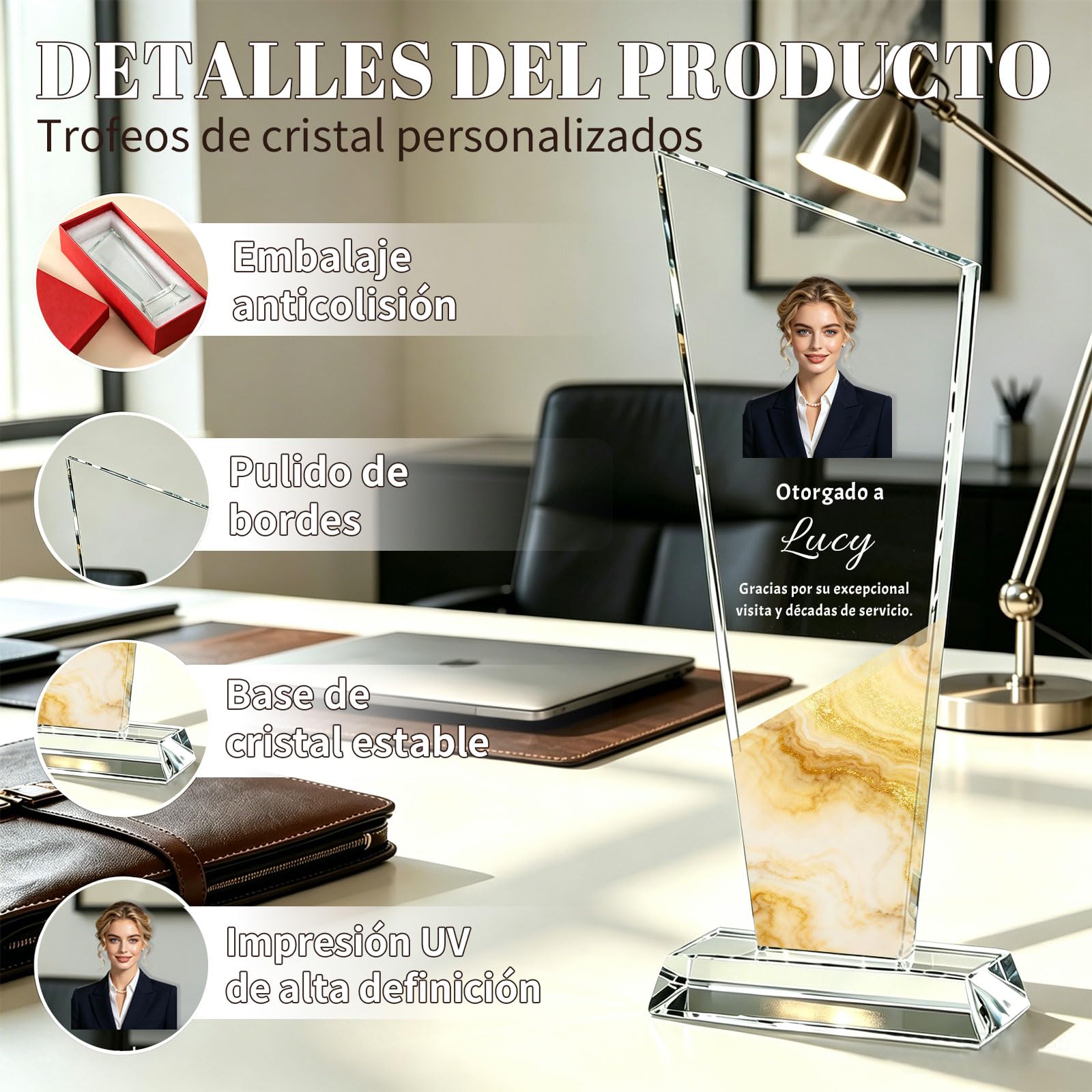 Trofeo Personalizado de Cristal K9 con Foto y Texto, Reconocimiento para Empresas