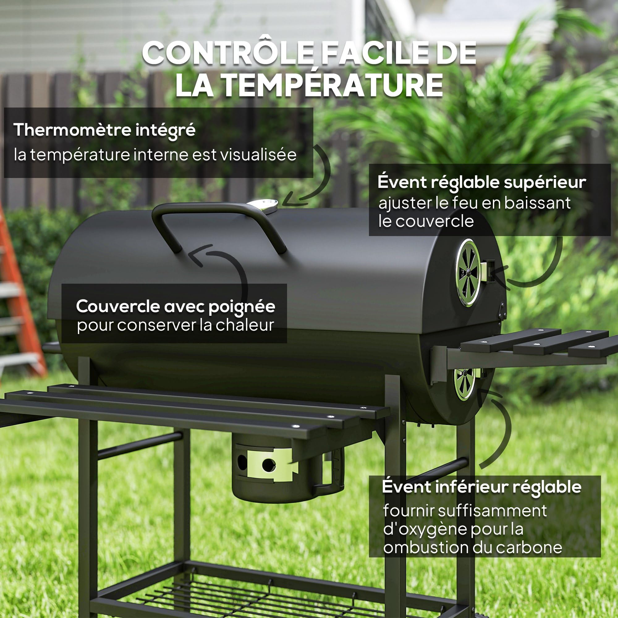 Outsunny Barbecue charbon de bois avec tablette avant pliable, grand barbecue au charbon de bois avec tablette inférieure, grille de cuisson, couvercle avec thermomètre et 2 roues, noir