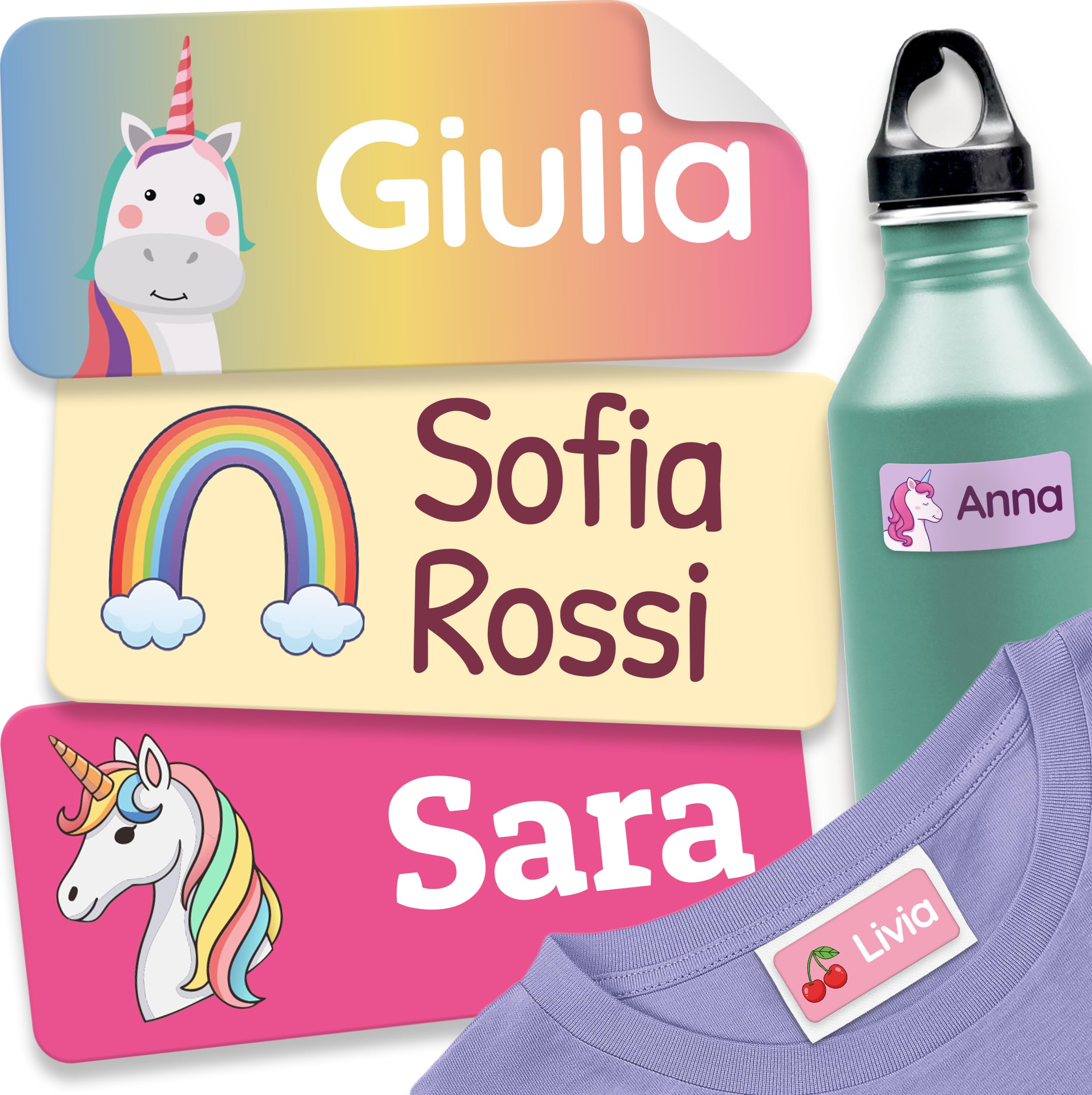 melu kids® Etichette Adesive Personalizzate (60 pezzi Creature Magiche) - Etichette Per Vestiti e Oggetti Sticker Personalizzabili Resistenti all'Natura Per Scuola e Asilo