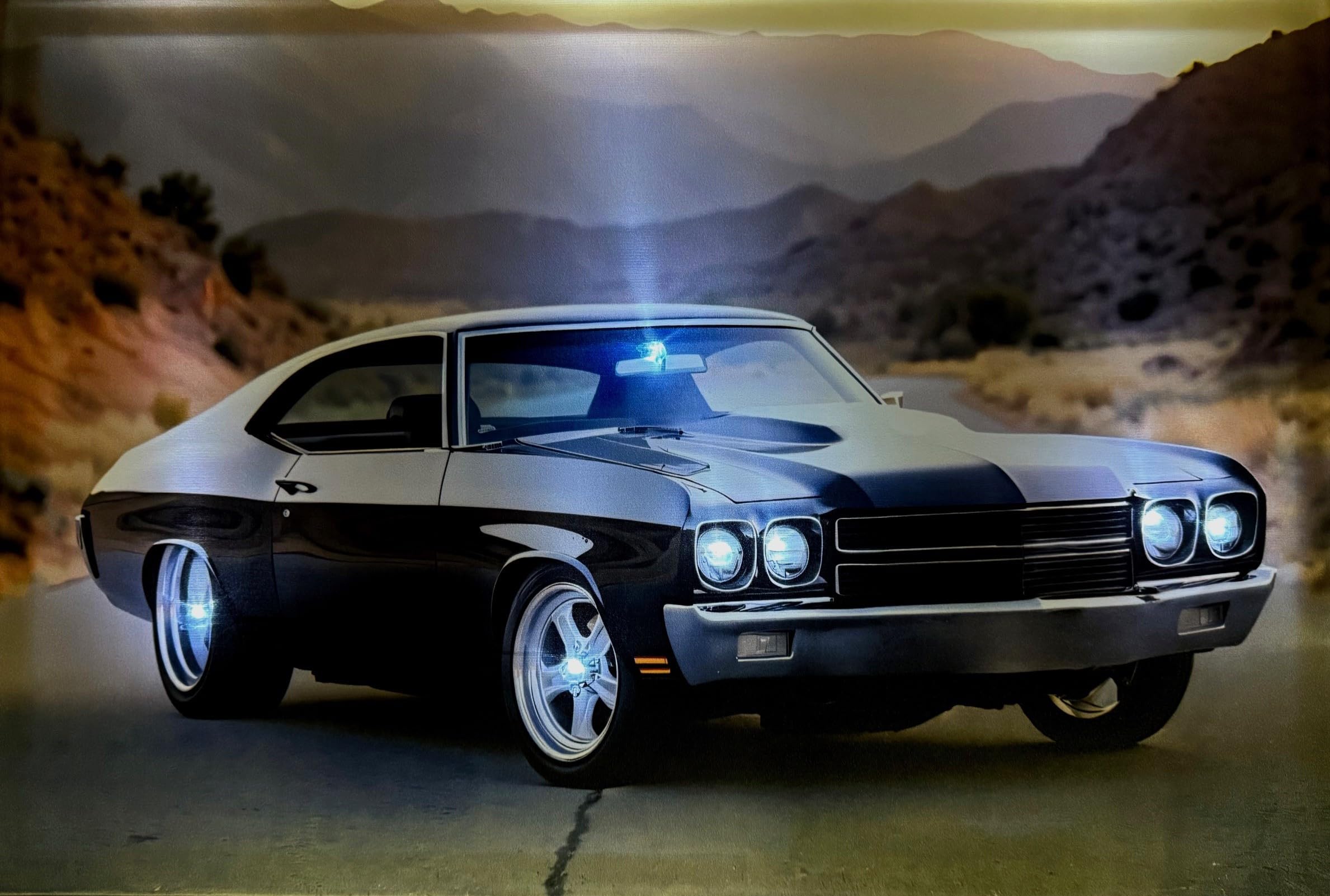Samarkand - Lights LED Bild mit Beleuchtung LED- Bilder Leinwandbild 65 x 45 cm Leuchtbild US CAR/BLACK/Muscle Car/Highway