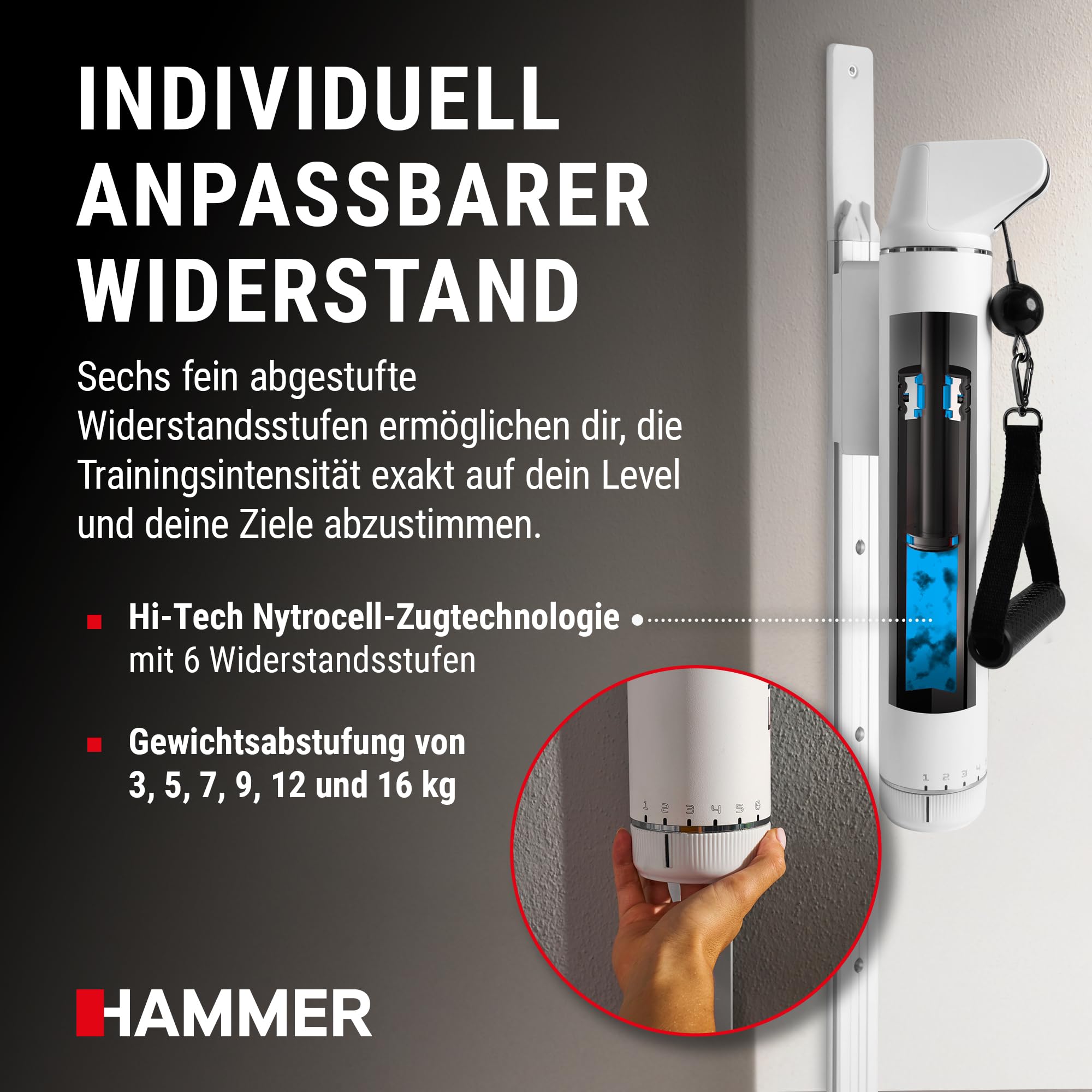 HAMMER Kraftstation Finnlo CablePull, Kabelzugstation, Kabelzug Trainer | Karfttraining Zuhause, 6 Widerstandsstufen, 146 cm Profi-Seilzuglänge, Seilzug 180° Grad drehbar, 9-fach höhenverstellbar