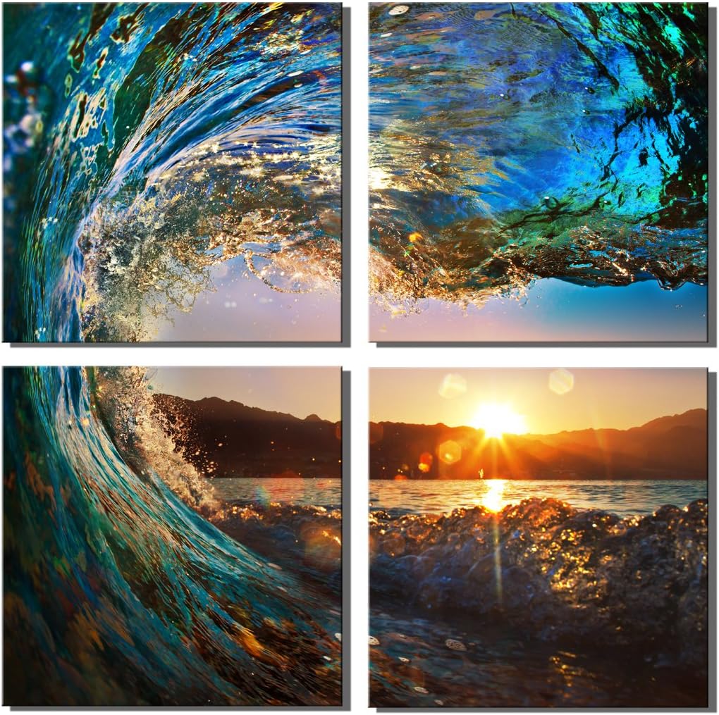 Bo Qi-4 pcs Green Sea Wave Canvas Wall Art Set-Sunrise Sunset Ocean View Scenery Pictures Photos to Canvas Artwork for Living Room Bedroom Office Home Decor -Stretched and Framed Ready to Hang