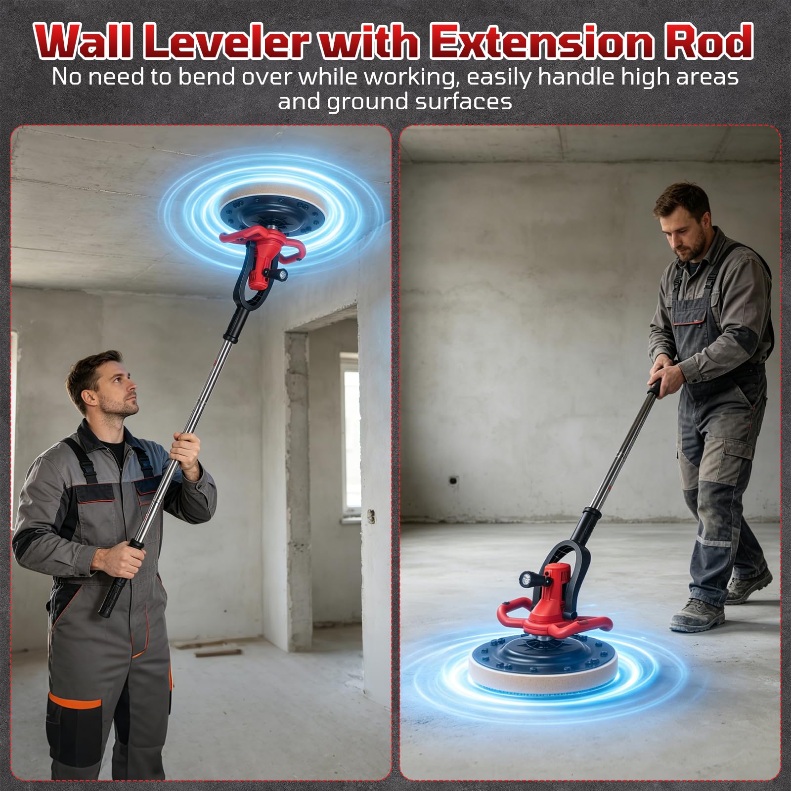 Levigatrice Per Intonaco, 2 In 1 Betoniera 1680W Elettrica Levigatrice con Asta Telescopica Per Muri 6 Velocità Mola Ø380 mm Illuminazione LED Malta Cementizia Per Calcestruzzo Frattazzo Intonacatrice