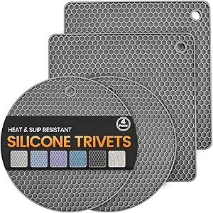 Silicone Trivet Mats 4 Heat Resistant Pot Holders Multipurpose Non-Slip Hot Pads for Kitchen Potholders, Drying mat, Jar Opener, Spoon Holder, Coaster.(Dark Grey)