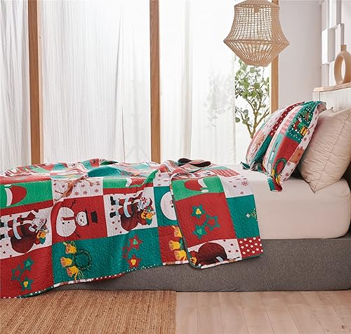 Miniatura 3 de Juego de edredón de Navidad a cuadros de muñeco de nieve tamaño Queen (90 x 90 pulgadas), juego de ropa de cama reversible con diseño de Papá Noel,