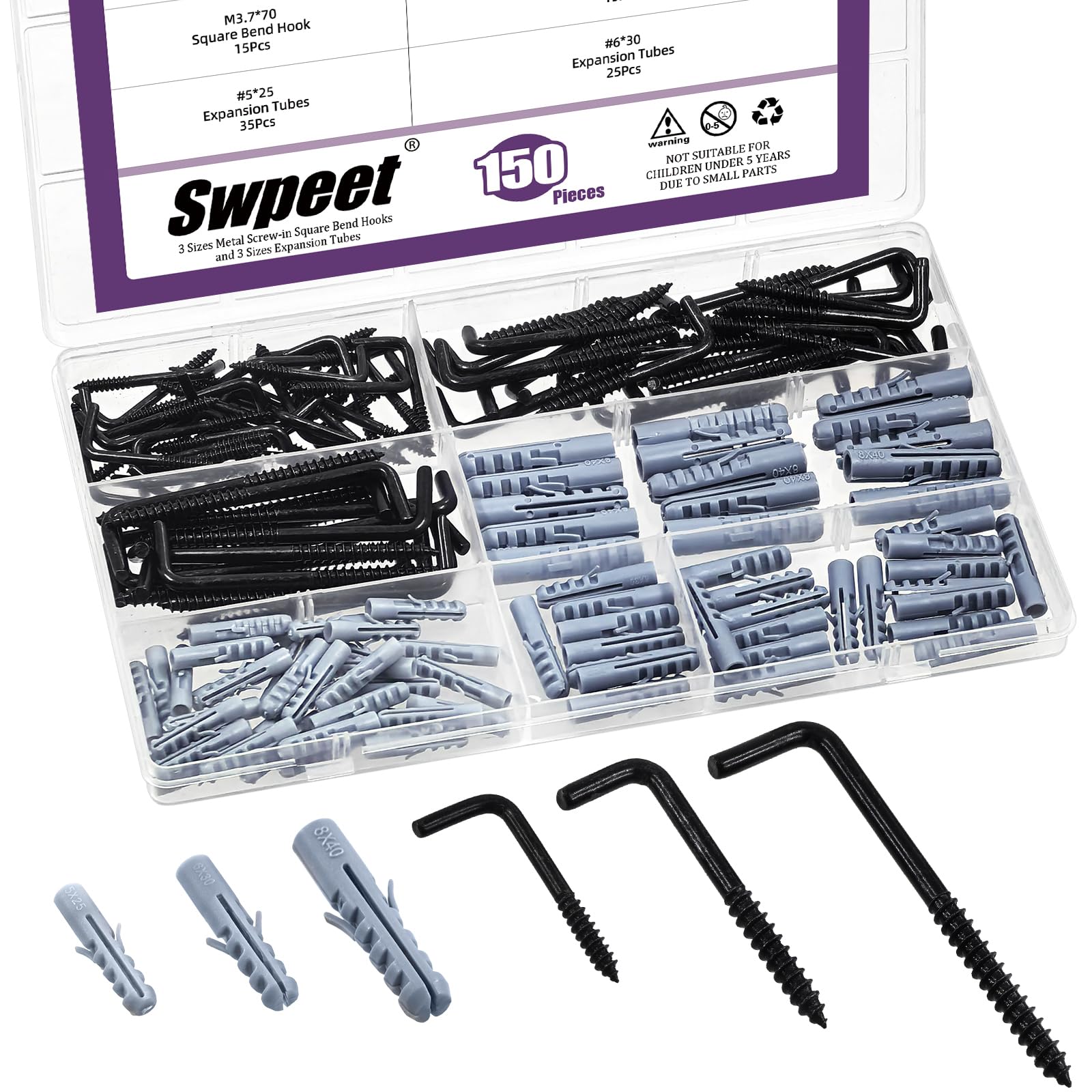 Swpeet 150Pcs 3 Sizes Black Metal Screw-in Square Bend Hooks with Expansion Tubes Anchors Assortment Kit, L Shaped Self-Tapping Screws Hooks L Type Photo Frame Right Angle Hook for Wall Hanging