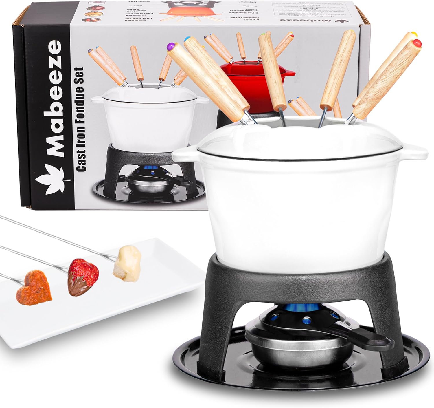 Mabeeze Cast Iron Fondue Pot Set for Cheese, Chocolate or Meat - White Enameled 1.6 Qt Pot - Includes 6 Fondue Forks