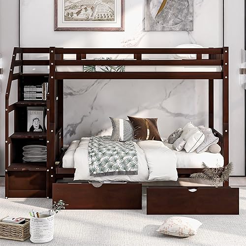 Rhomtree Solid Wood Twin Over Full Bunk Beds Bunk Bed with Storage and Guard Rail Twin Over Full Bunk Bed with Two Drawers and Staircase Down Bed