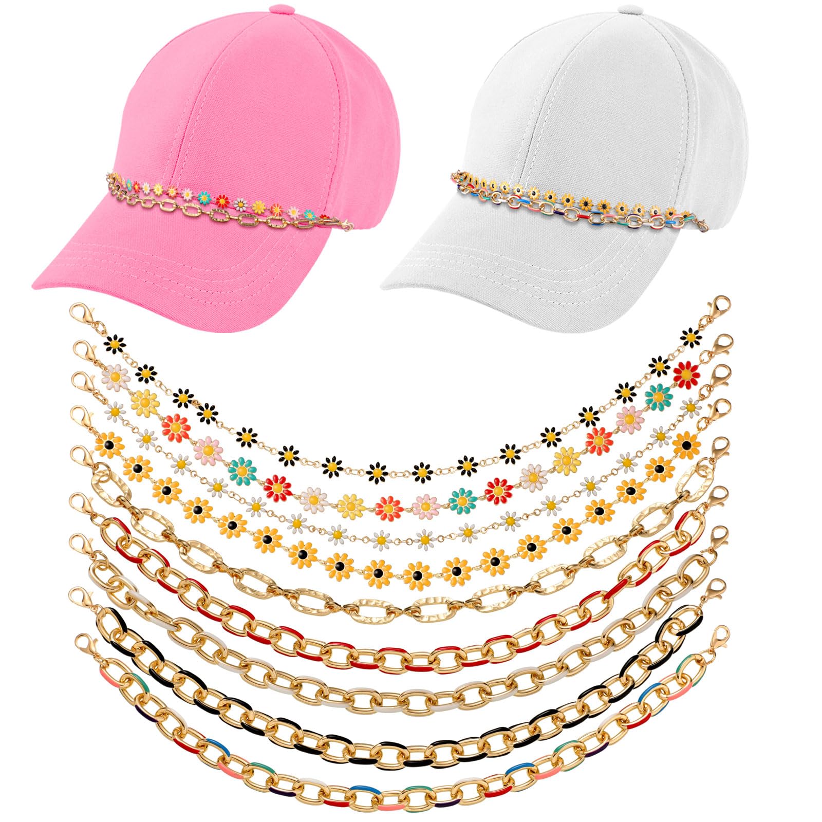 Geyoga 9 Pcs Trucker Hat Chains Trucker Hat Charms Women Man Bill Decoration Detachable DIY Metal Chain for Mesh Baseball Cap(Multicolor,Flower)