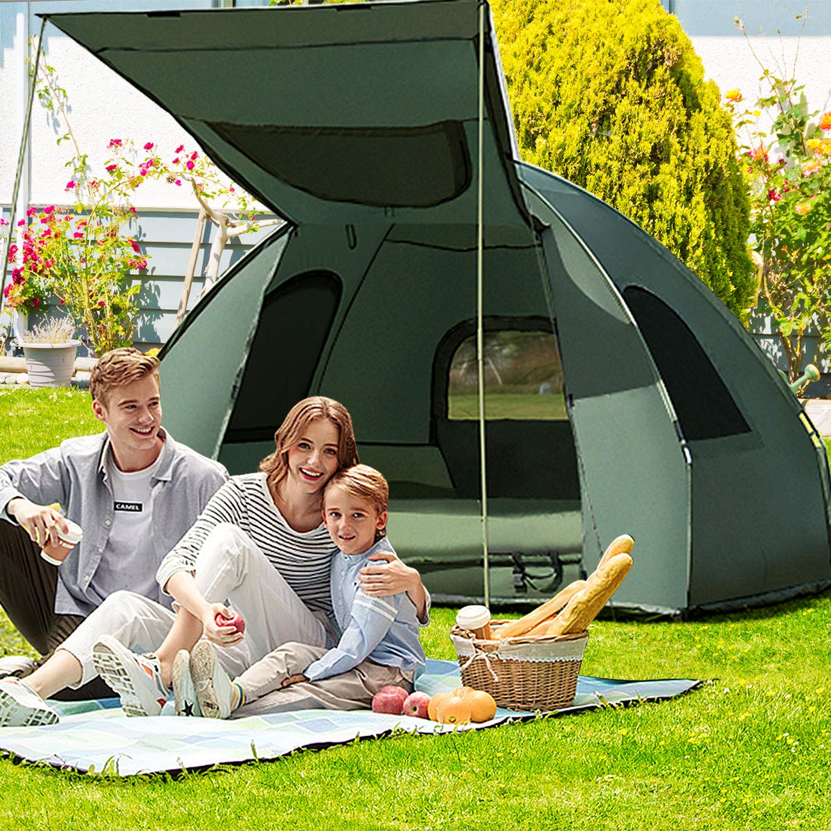 GYMAX Camping Tent Cot, Folding Tent Combo with Air Mattress & Sleeping