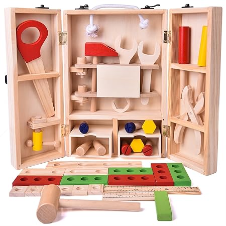 Toyshine Pretend Play Wooden Tool Set Toy with Carry Case Packaging