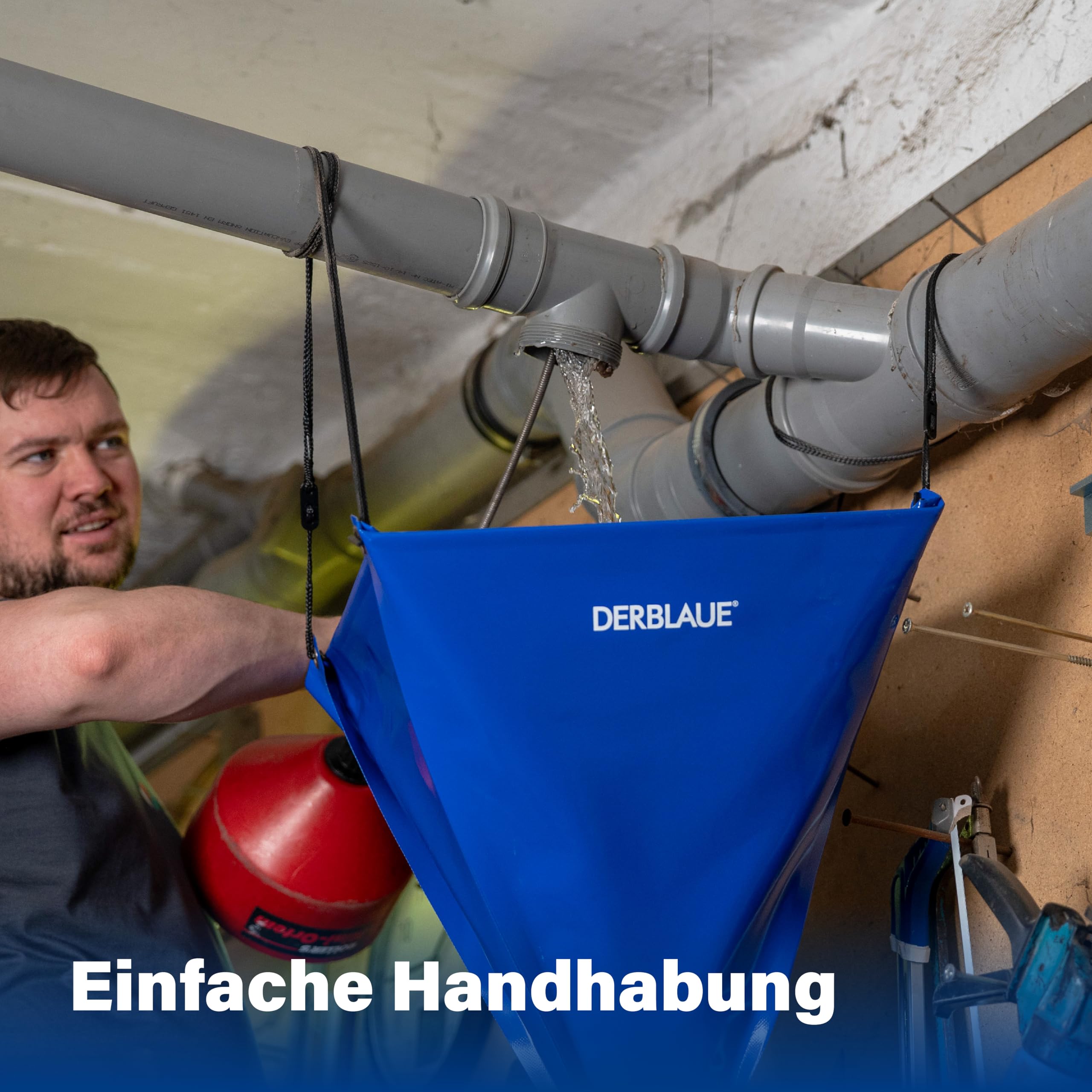 DERBLAUE® Trichter 40 × 40 cm, ca. 25 l, 3/4-Zoll-Anschluss | mit höhenverstellbarem Aufhängesystem, stabil im Einsatz dank Fiberglasstäbe, mit einsetzbarem Filtersieb, geringes Packmaß