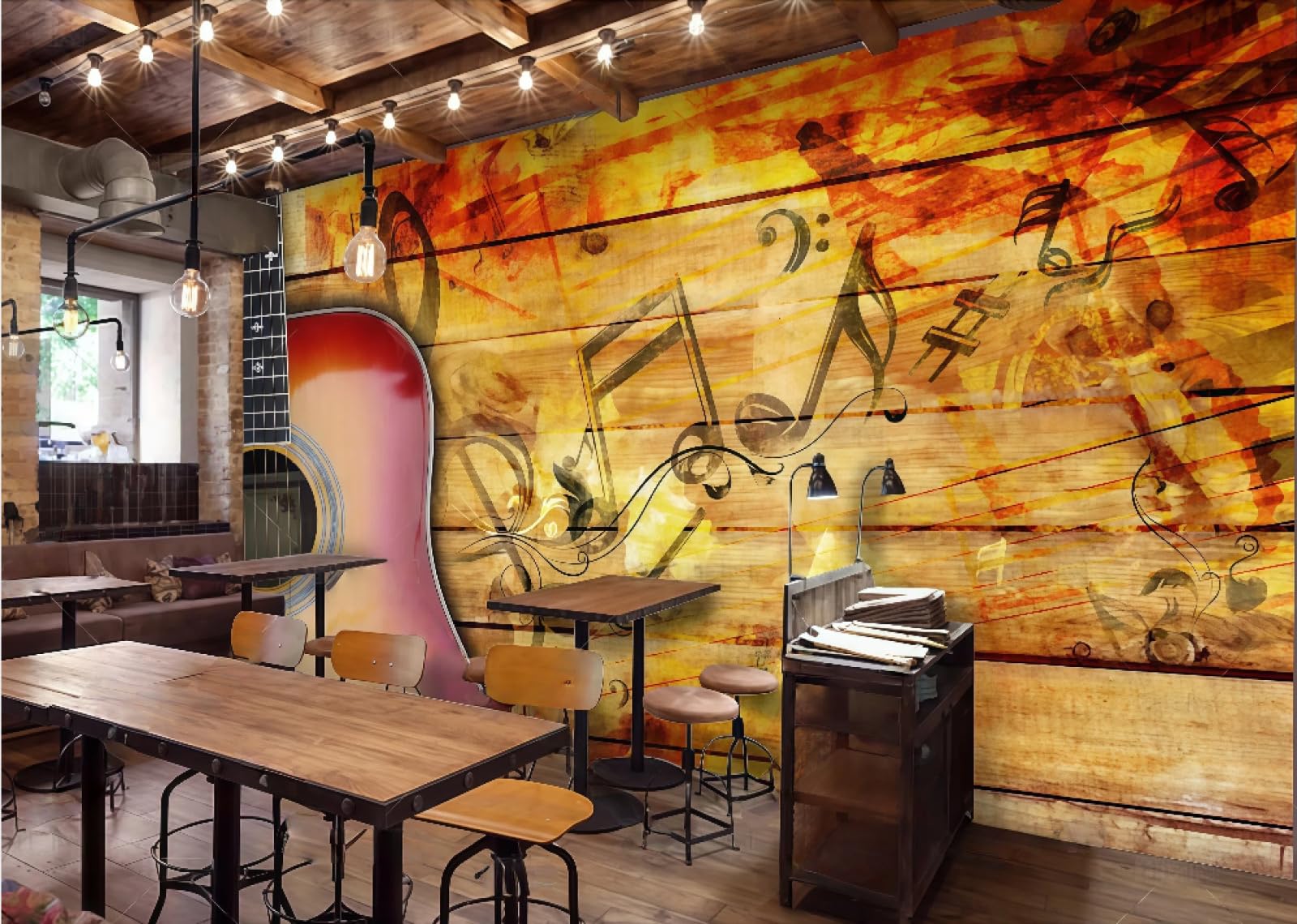 Rskjdghshd 3D Wallpaper Retro Wooden Board Graffiti Music Nostalgic Guitar Personality Bar Western Restaurant Background Wall Mural Afternoon Tea Coffee Shop Wallpaper,,400X280cm
