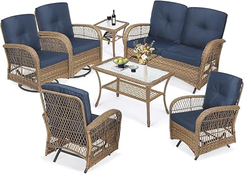 Miniatura 61 de MEETWARM Juego de 3 piezas de mimbre giratorio para patio al aire libre, mecedoras, juegos de muebles de patio de ratán con cojín grueso y mesa