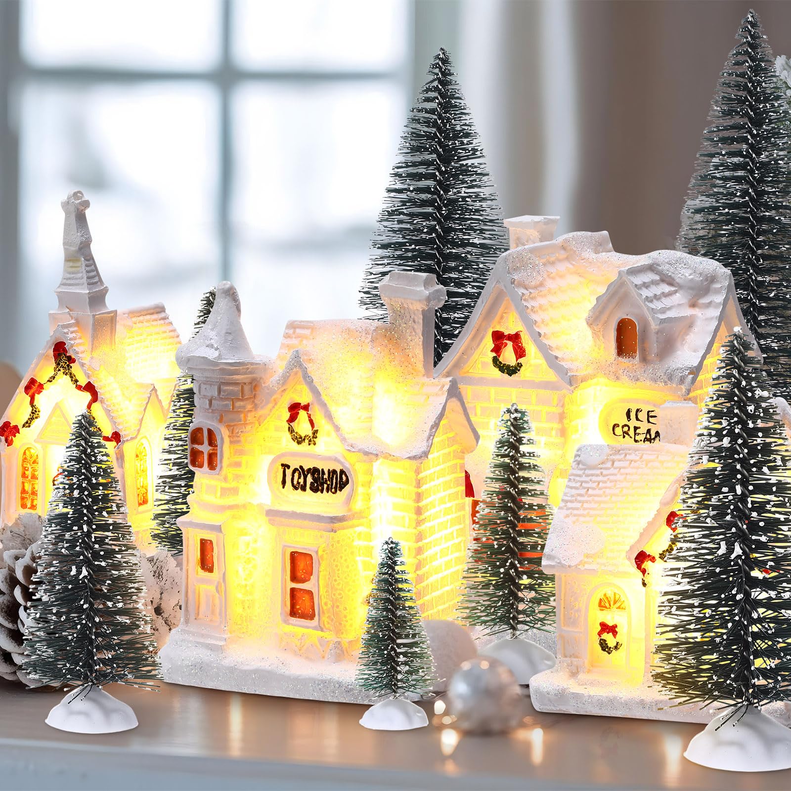 Vinsot Juego de 26 piezas de resina iluminada con 16 luces LED de Navidad, casas de pueblo de Navidad, 10 árboles de Navidad, batería para mesa, hogar, invierno, vacaciones, decoración de mantel