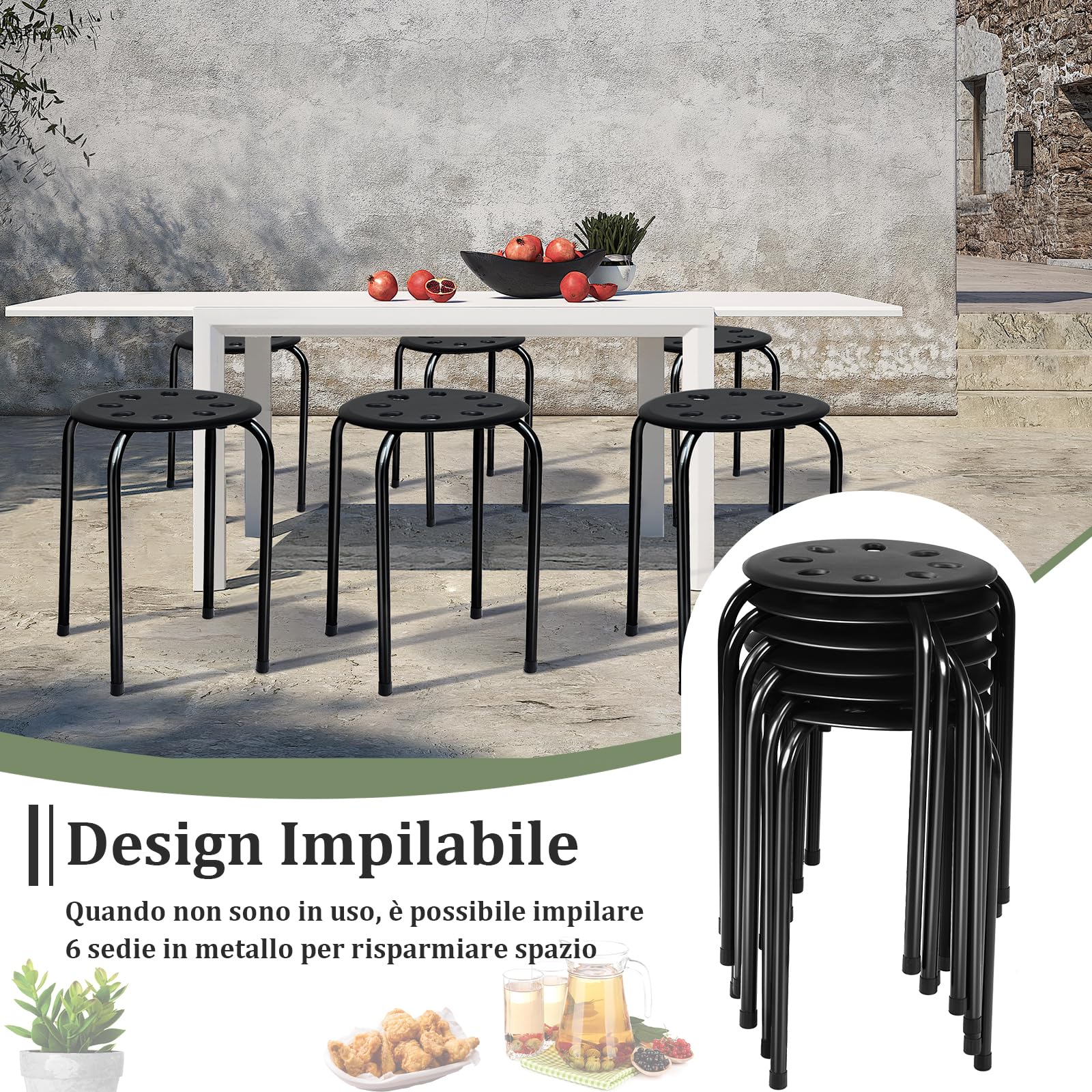 COSTWAY 6 Sgabello Tondo Impilabile in Metallo, Nero | Sgabello Cucina Basso per Bambini Adulti, Sgabelli da Bar Casa Ufficio Aule, 30 x 30 x 44,5 cm